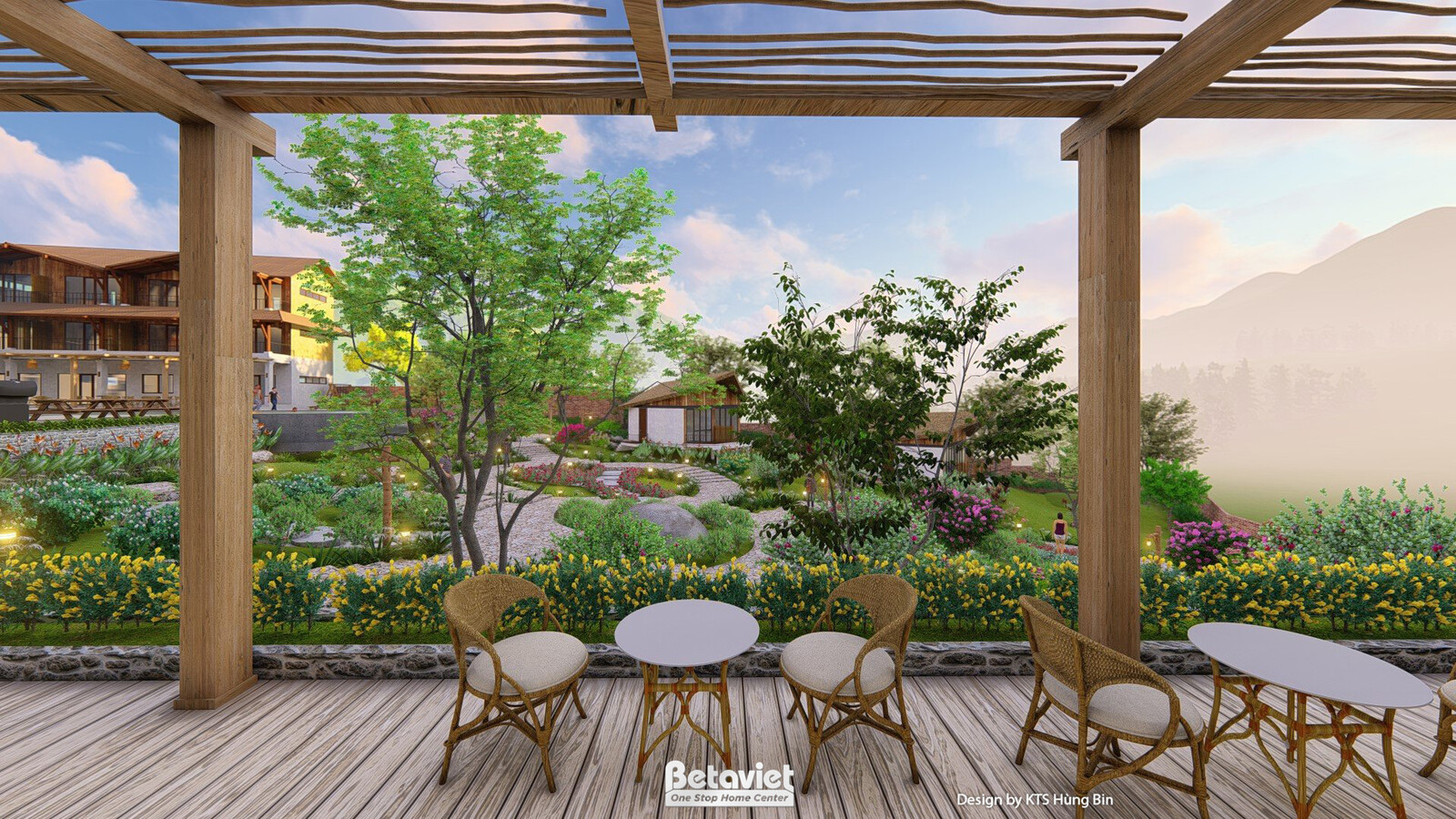 Sân hiên gỗ có giàn pergola che nắng, bộ bàn ghế mây tre đan bố trí quây quần, nhìn ra sân vườn có cây xanh và núi mờ phía…