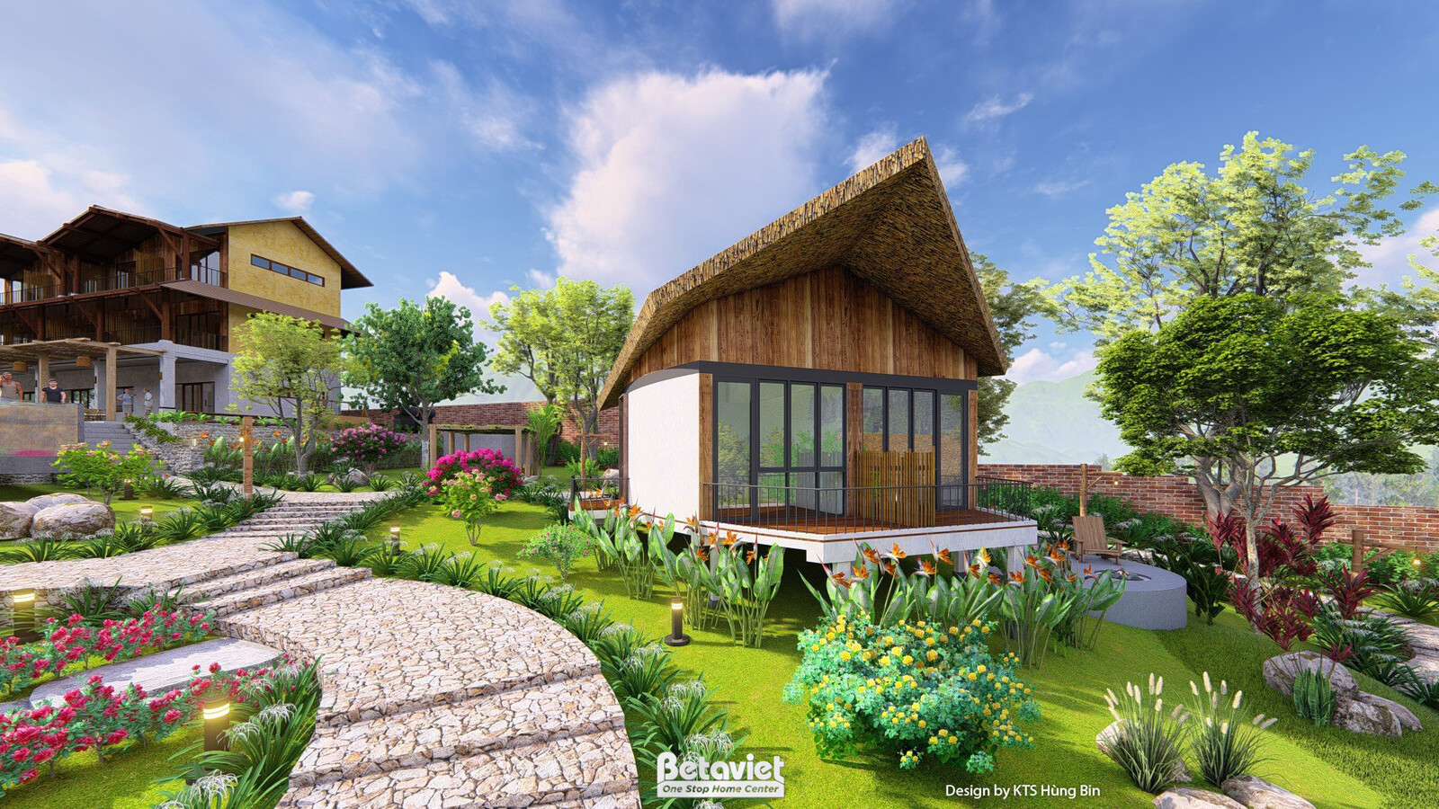 Bungalow đơn lẻ mái tranh dốc, tường kính lớn kết hợp gỗ, đặt cạnh sân vườn có lối đi đá tự nhiên uốn lượn. Bụi hoa đỏ, câ…