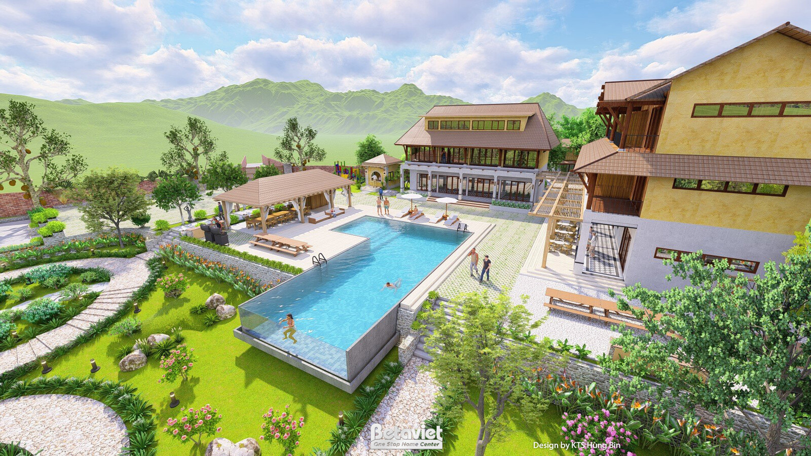 Sân vườn có hồ bơi nhỏ hình chữ nhật cạnh khối nhà ba tầng, lối đi đá xám uốn lượn quanh bãi cỏ và luống hoa hồng. Mặt nướ…