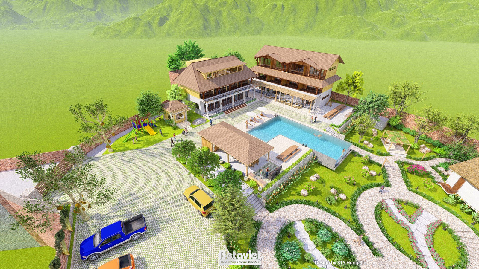 Góc nhìn từ trên cao khu villa chính có hồ bơi dài, khu vui chơi trẻ em và bãi đỗ xe bên cạnh, lối đi đá tạo hình vòng cun…