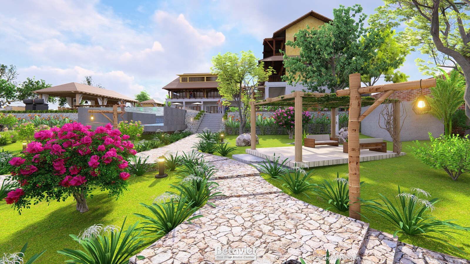 Góc sân vườn với giàn pergola gỗ mộc, bụi hoa giấy tím đỏ rực rỡ ở tiền cảnh, lối đi lát đá dẫn sâu vào trong. Phía xa là…