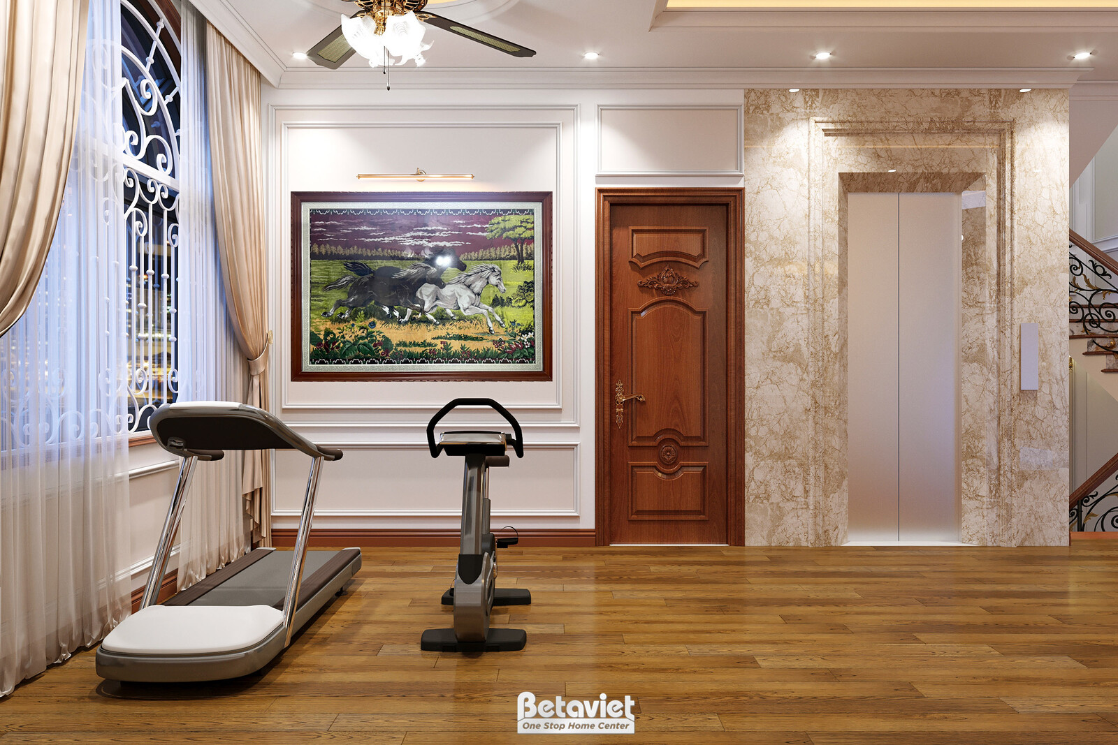 Nội thất phòng tập gym biệt thự tân cổ điển KT22214 – góc nhìn tổng thể