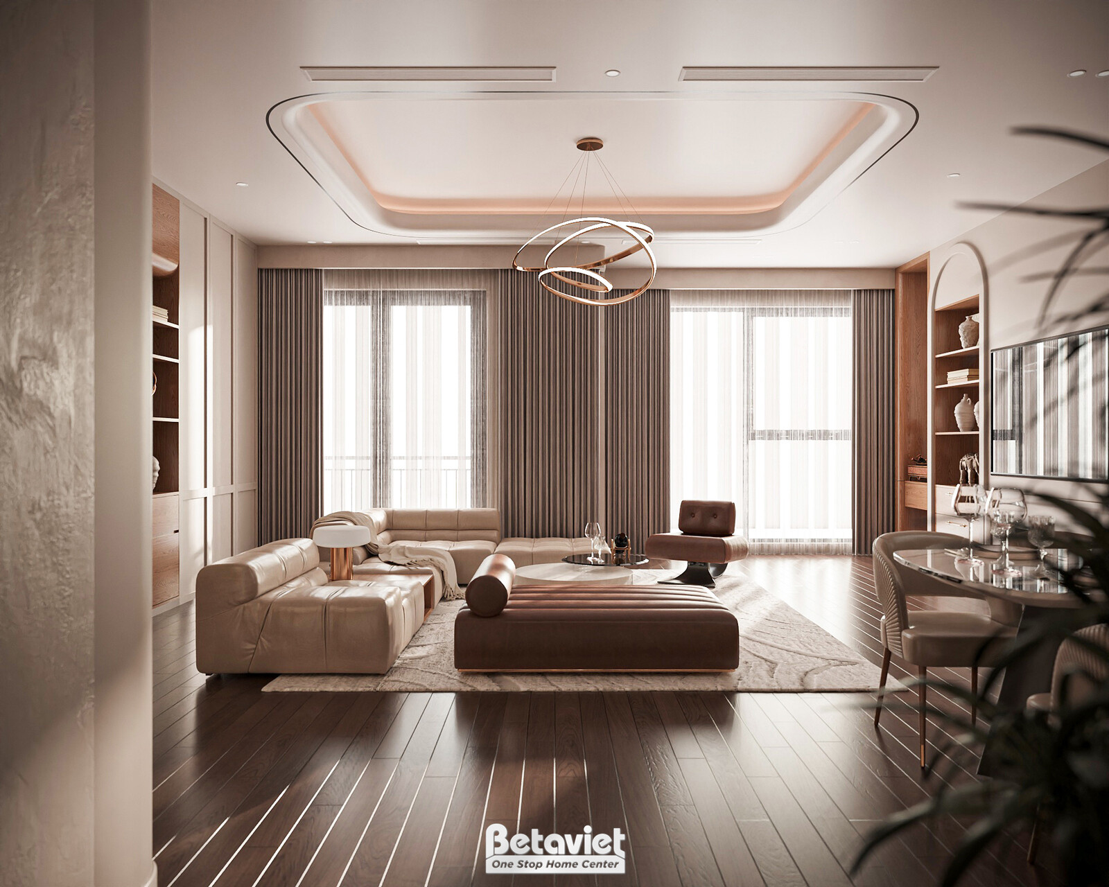 Toàn cảnh phòng khách với hệ cửa sổ kính lớn phủ rèm mỏng, sofa da kết hợp nhung tông be, sàn gỗ tối màu, đèn thả vòng ánh…