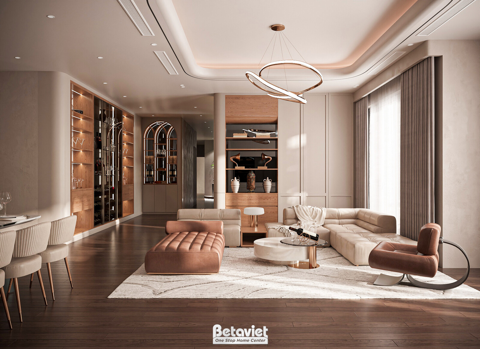 Góc phòng khách với vách tủ rượu gỗ chạm khắc dạng vòm, sofa da và nhung tông kem, ghế bập bênh da lộn nâu cam đặt cạnh cử…