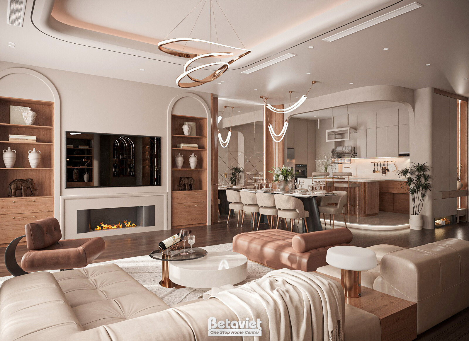 Góc phòng khách nhìn sang khu bếp mở với quầy bar, vách tủ rượu chạm vòm, sofa và ghế bập bênh da lộn, sàn gỗ nâu bóng, án…