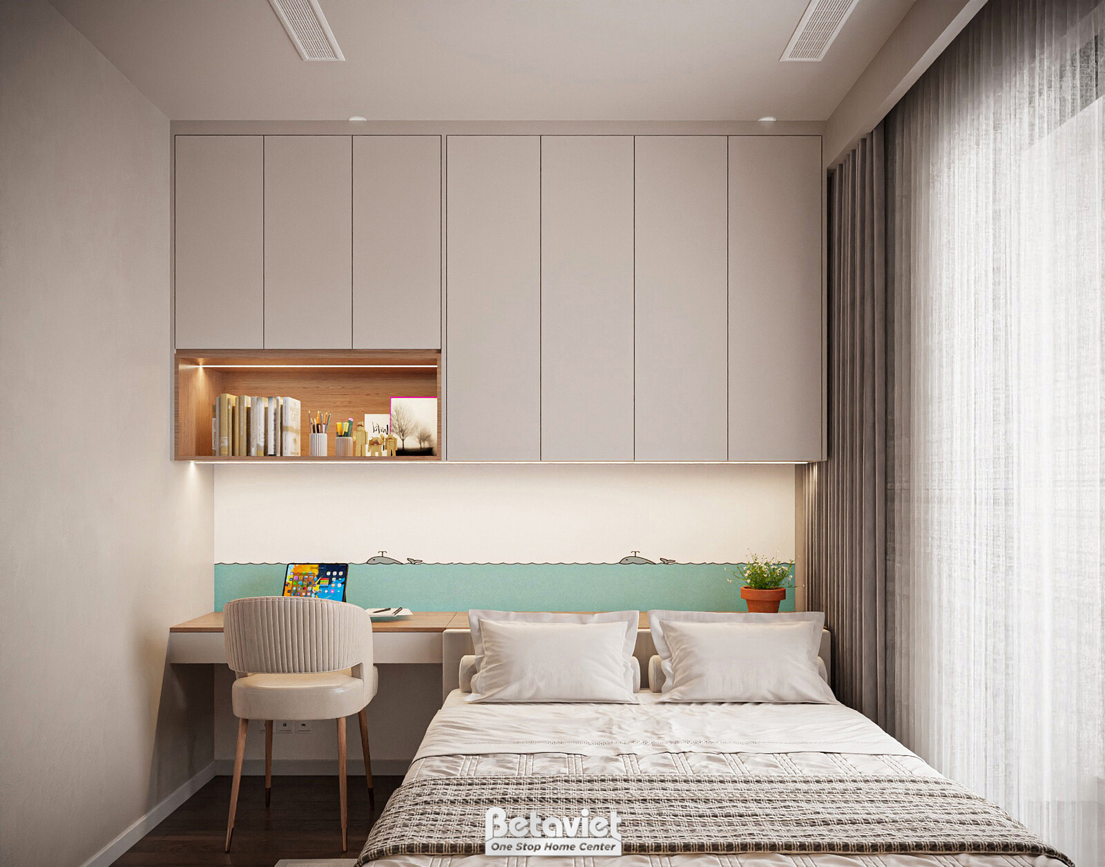Góc làm việc nhỏ trong phòng ngủ với bàn nổi gắn tường, ghế cong bọc nhung, kệ sách mở có đèn led âm, mảng ốp màu xanh ngọ…