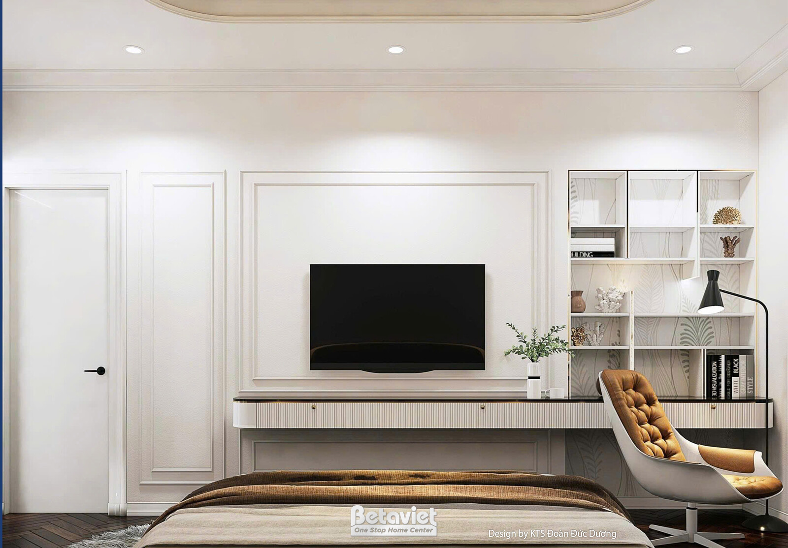 Góc đối diện giường phòng ngủ master, kệ tivi liền bàn làm việc gỗ, ghế armchair bọc da nâu vàng, kệ sách âm tường kính, t…