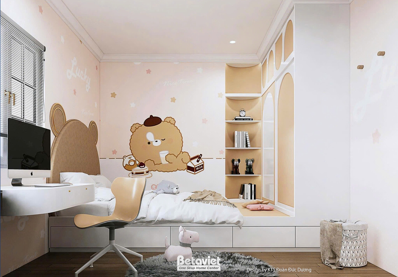 Góc rộng hơn phòng ngủ trẻ em kiểu gấu, thêm hốc tủ âm tường hình vòm cong, kệ trang trí sách, giỏ đựng đồ mây, cửa sổ rèm…