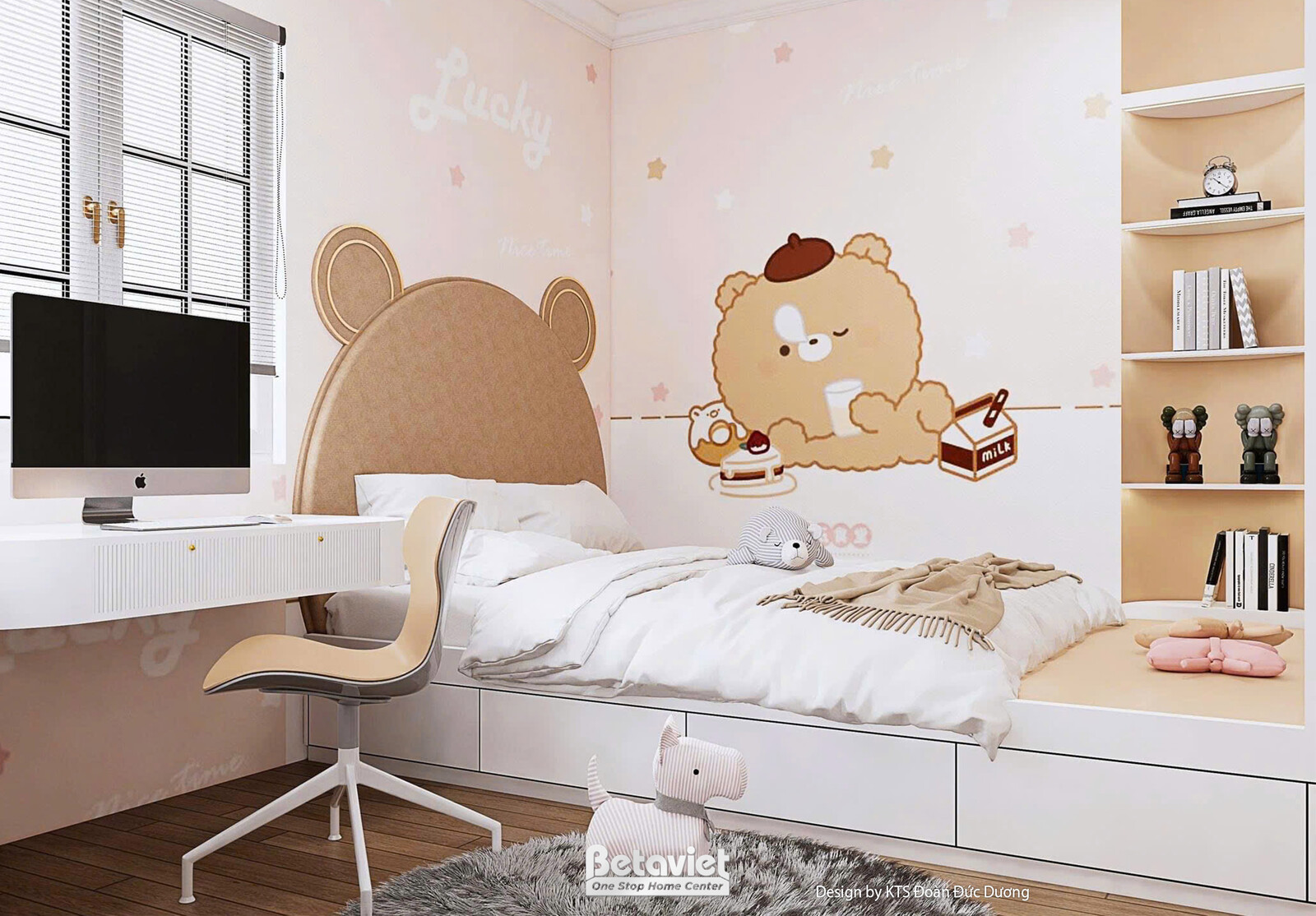 Phòng ngủ trẻ em kiểu gấu, đầu giường tròn hình tai gấu màu be, tường dán decal gấu bông ngồi ăn bánh vui nhộn, bàn học li…