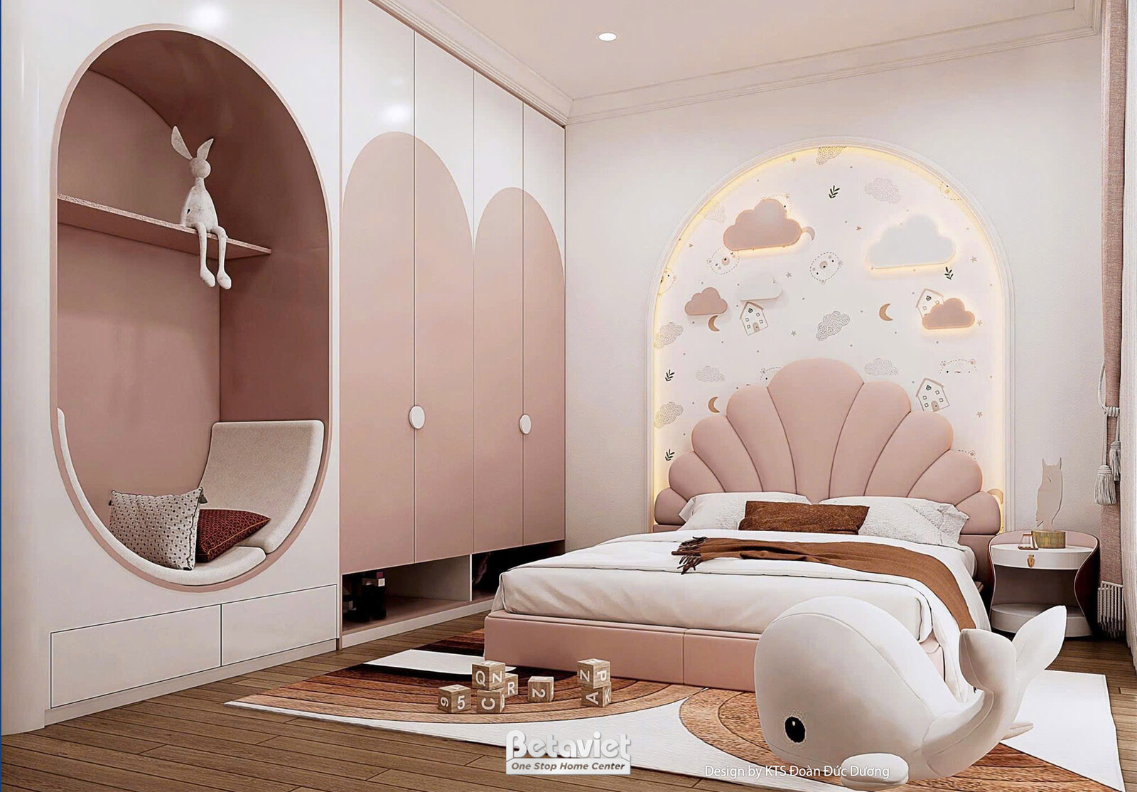 Góc khác phòng ngủ trẻ em vỏ sò, tủ âm tường hồng pastel với hốc vòm có ghế ngồi đọc sách hình oval, hình thỏ trang trí tr…