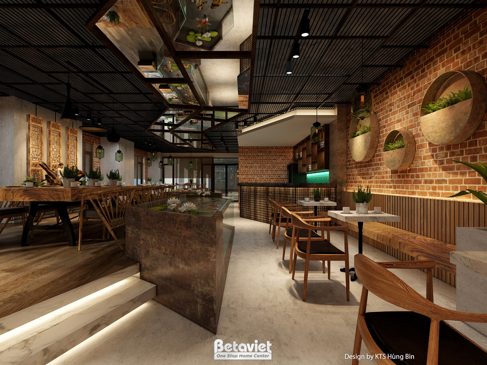 Góc nhìn quầy bar pha chế từ bậc thang có đèn LED vàng dưới chân, tường gạch đỏ ốp kệ tổ ong. Bàn ghế gỗ bố trí gần quầy…