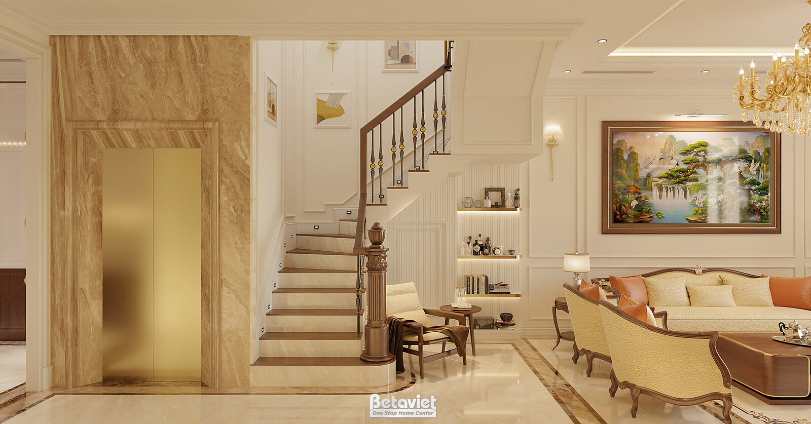 Khu vực cửa thang máy cạnh phòng khách, ốp đá marble vàng kem sang trọng, cầu thang gỗ tay vịn sắt uốn. Xa hơn là sofa kem…