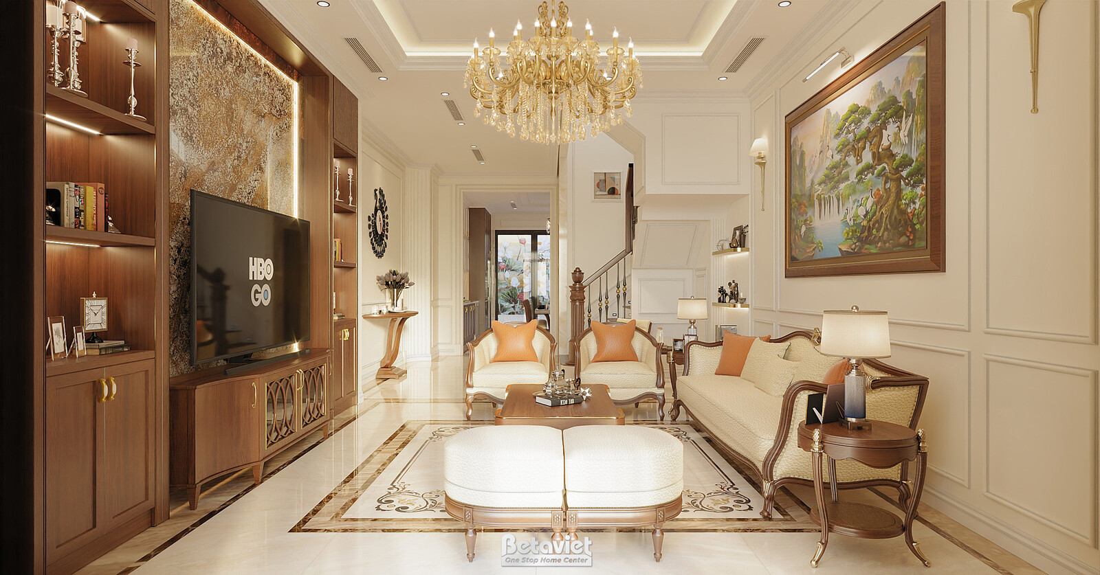 Phòng khách nhìn xuyên vào hành lang trong nhà, tủ tivi ốp đá vân mây, kệ sách gỗ, sofa tay cong. Bức tranh phong cảnh khổ…
