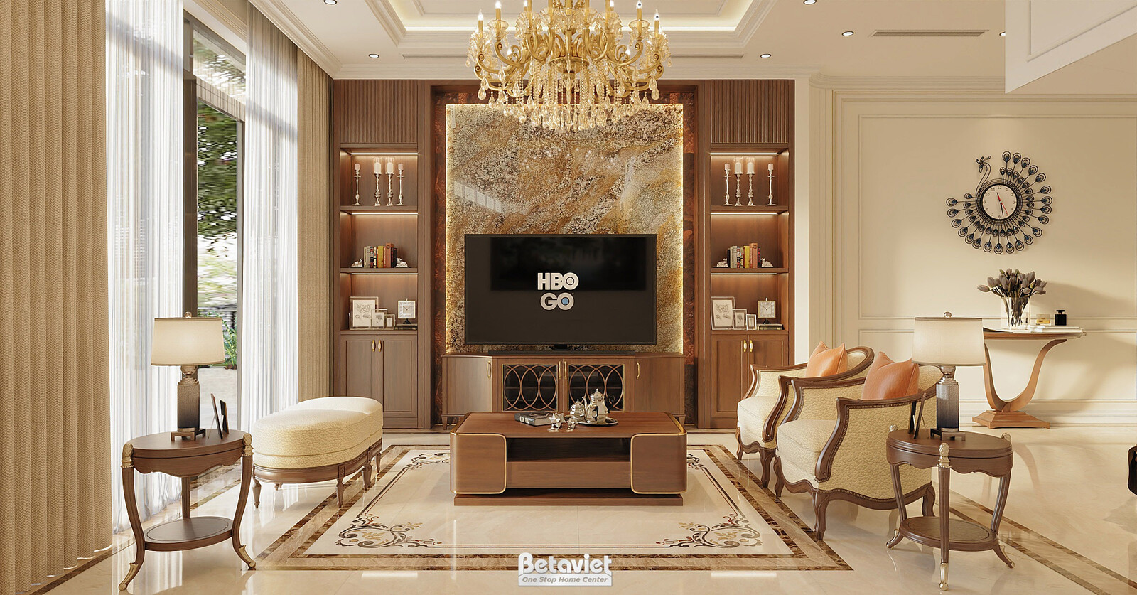Phòng khách nhìn từ phía sofa trắng, phía sau là bàn console tròn với gương tròn khung mạ vàng. Tủ tivi ốp đá cùng kệ tran…