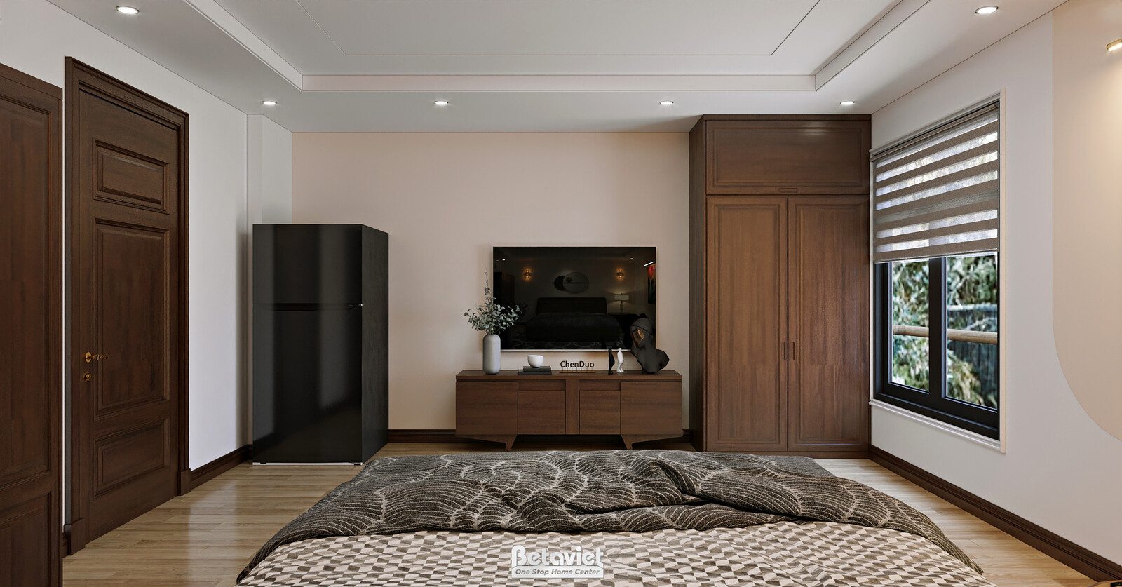 Góc phòng ngủ khách với tủ lạnh mini đen, kệ tivi gỗ, tủ áo lớn ốp gỗ nâu chiếm trọn một vách tường. Cửa sổ lớn buông rèm…