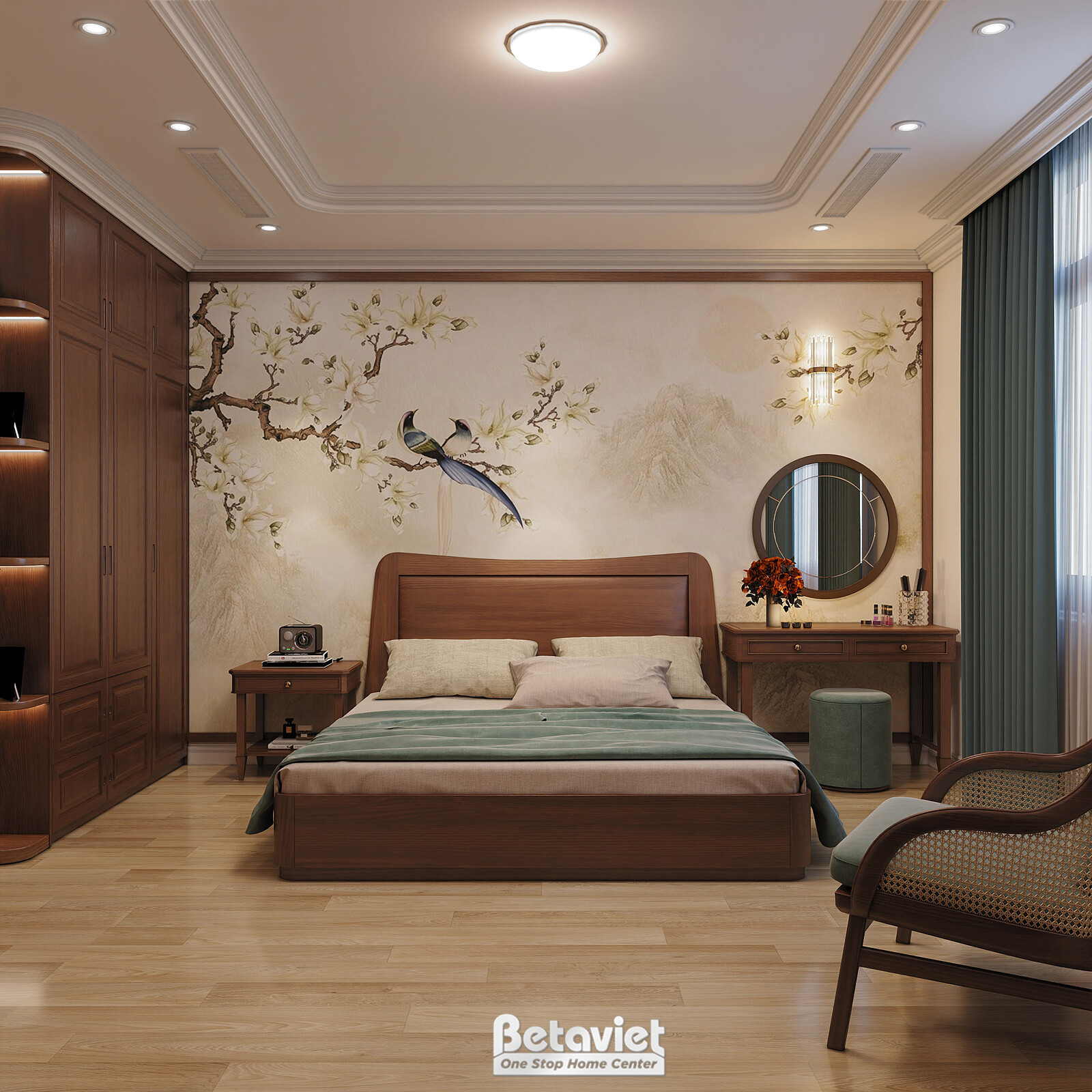Phòng ngủ ông bà với giấy dán tường họa tiết hoa mai chim chóc phía đầu giường, giường gỗ chạm khắc tinh xảo. Ga gối tông…