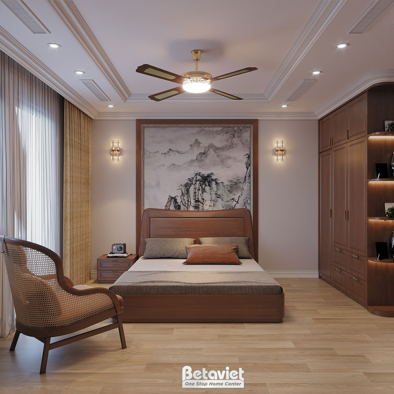 Phòng ngủ ông bà với quạt trần cổ điển cánh gỗ, tranh thủy mặc phong cảnh núi non khổ lớn treo đầu giường. Tủ áo gỗ nâu, g…