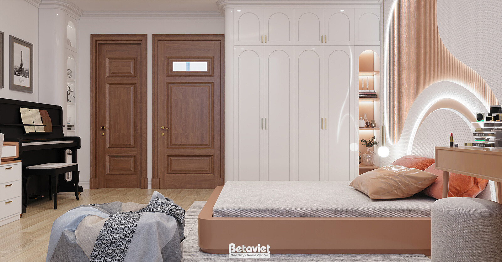 Góc khác phòng ngủ trẻ em, tủ áo trắng lớn, đầu giường vòm cong đèn LED hồng pastel nổi bật. Ga gối màu xám điểm gối cam…