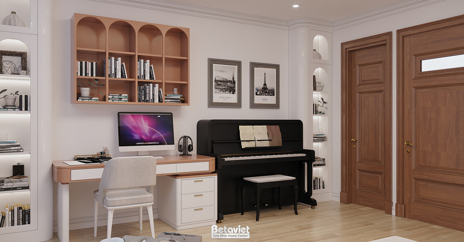 Góc khác khu học tập phòng trẻ em, kệ sách vòm cong ốp gỗ cam nhạt, bàn học và đàn piano đứng. Cửa gỗ nâu dẫn ra ngoài, án…