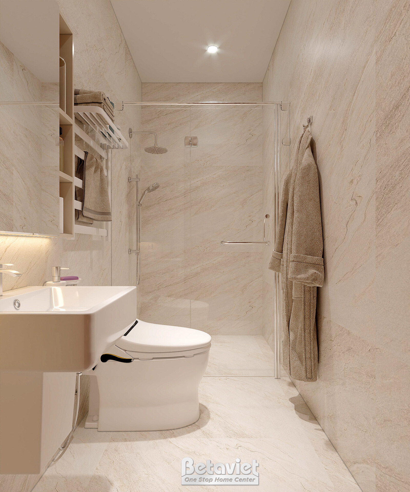 Phòng tắm ốp đá marble tông kem be sáng, khu lavabo và bồn cầu bố trí liền mạch. Vách kính cường lực ngăn khu tắm đứng, mó…