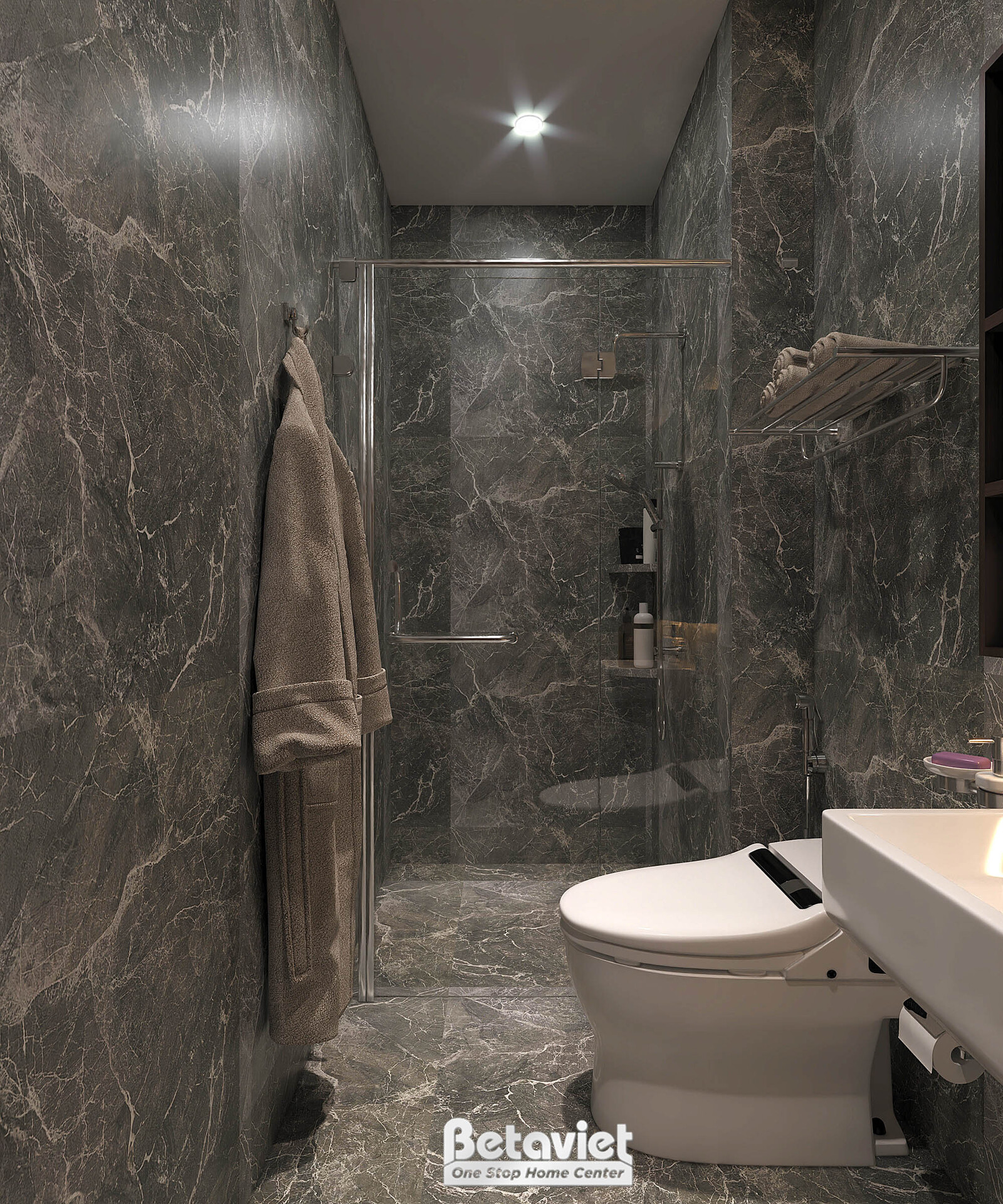 Phòng tắm ốp đá marble xám đậm sang trọng toàn bộ tường sàn, vách kính khu tắm đứng. Áo choàng tắm treo móc, bồn cầu và la…