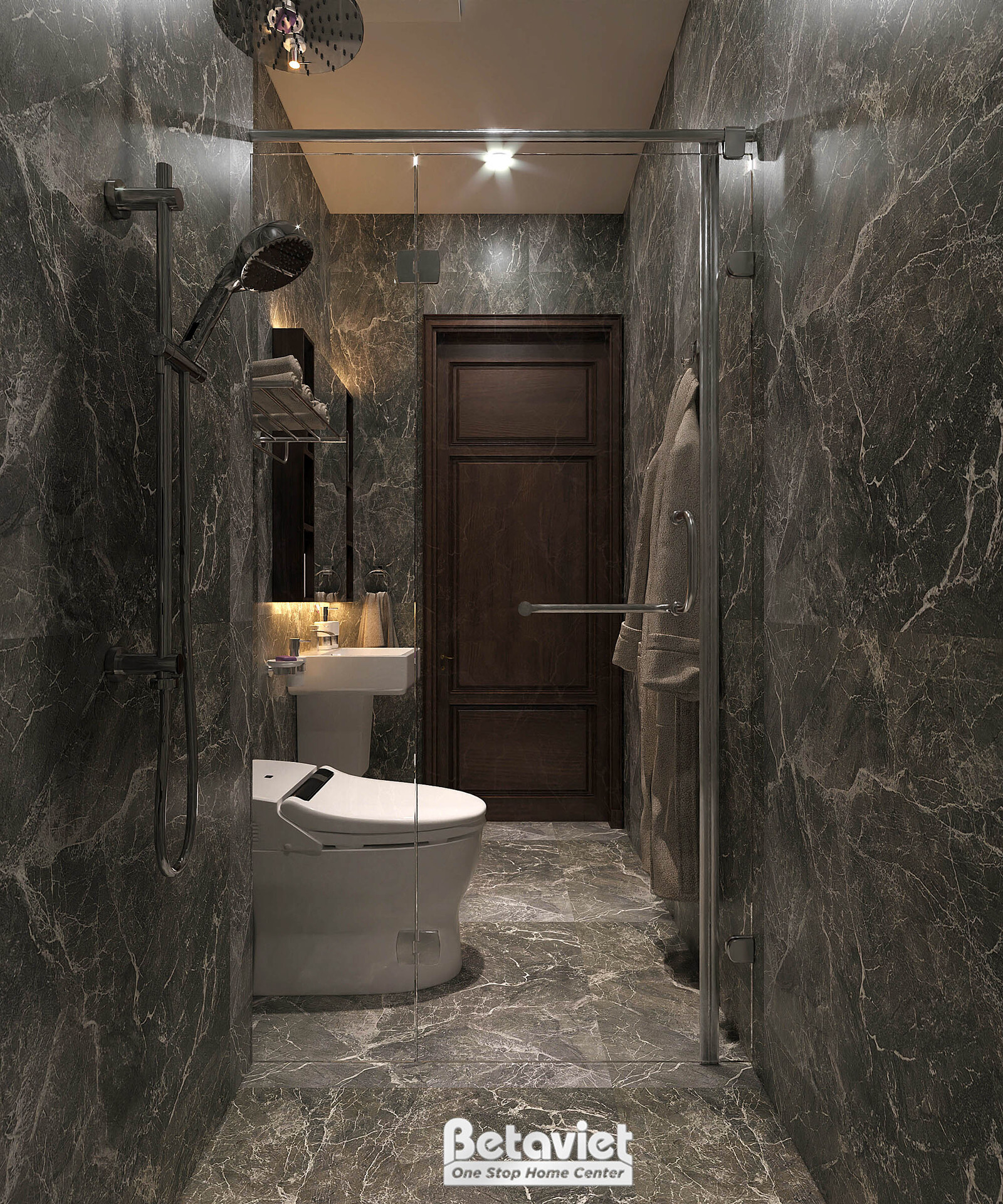 Phòng tắm dài với sen tắm đứng vách kính, cửa gỗ nâu trầm ở cuối, lavabo đặt bên cạnh. Đá marble xám đậm phủ kín không gia…