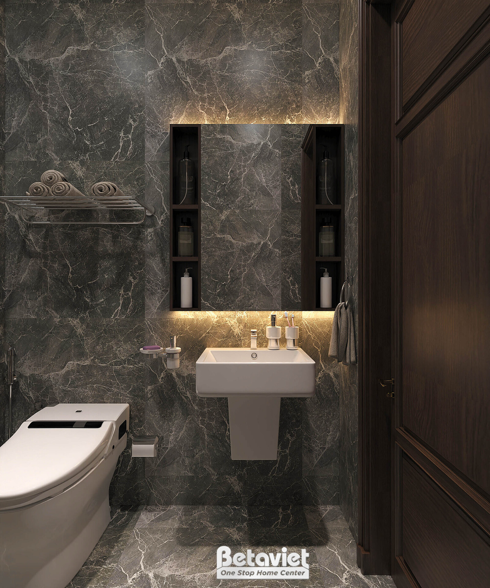 Phòng tắm với gương tủ nhỏ, lavabo treo tường màu trắng, đá marble xám đậm ốp toàn bộ. Kệ khăn kim loại, bồn cầu liền kề…