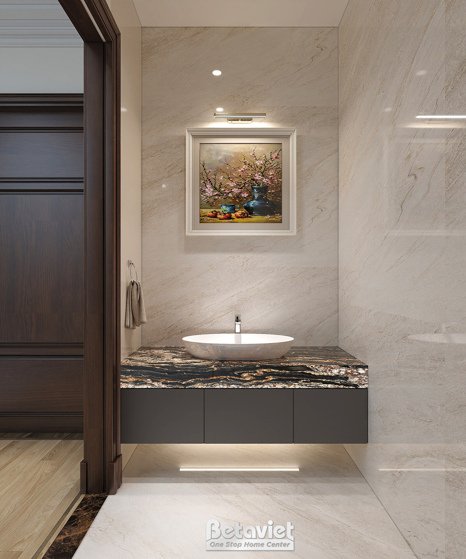 Phòng tắm tông sáng với đá marble trắng be nhẹ nhàng, tủ lavabo mặt đá đen tương phản. Tranh tĩnh vật hoa treo tường, cửa…