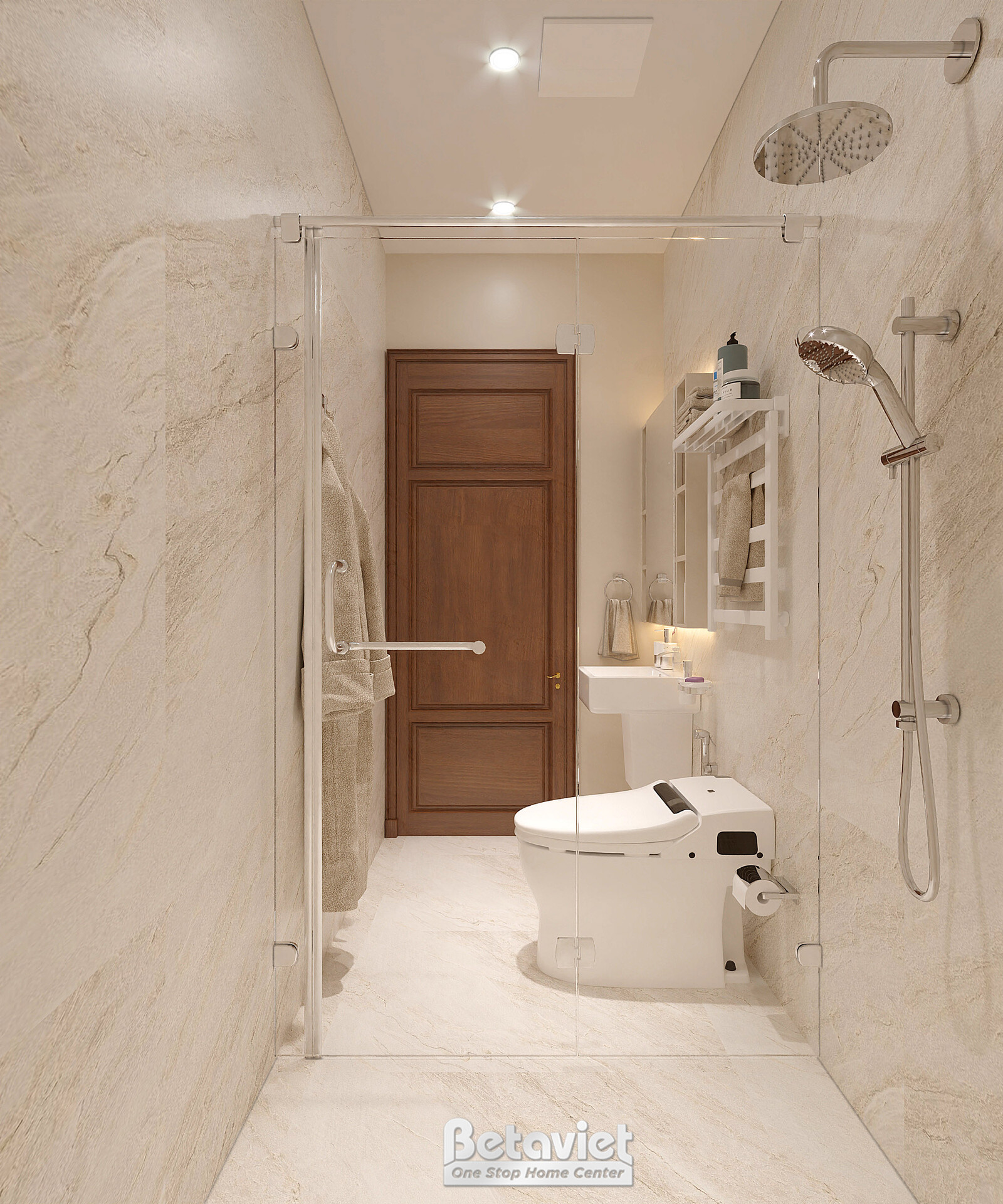 Phòng tắm dài với cửa gỗ nâu ở cuối, sen tắm đứng vách kính, lavabo đặt cạnh. Đá marble kem be ốp toàn bộ tường sàn, ánh đ…
