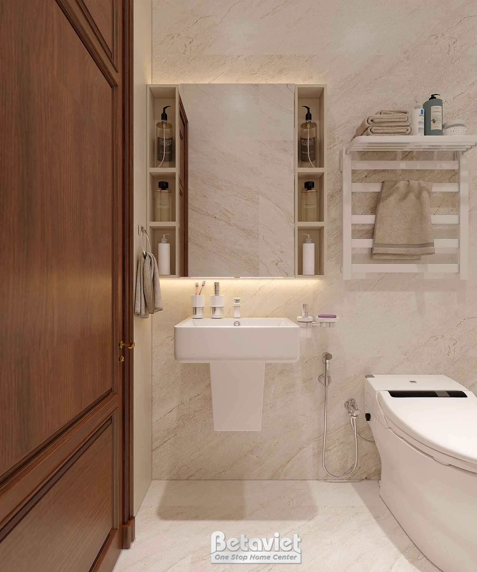 Phòng tắm với tủ áo gỗ nâu lớn chiếm một bên, gương tủ thuốc gắn tường, lavabo chân đứng màu trắng. Đá marble kem nhẹ, kệ…