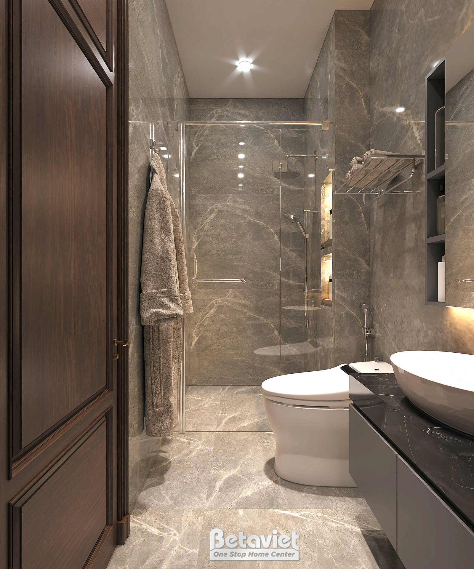 Phòng tắm với cửa gỗ nâu trầm nổi bật trên nền đá marble sáng, tủ lavabo đá đen hai bồn rửa. Vách kính khu tắm đứng, gương…