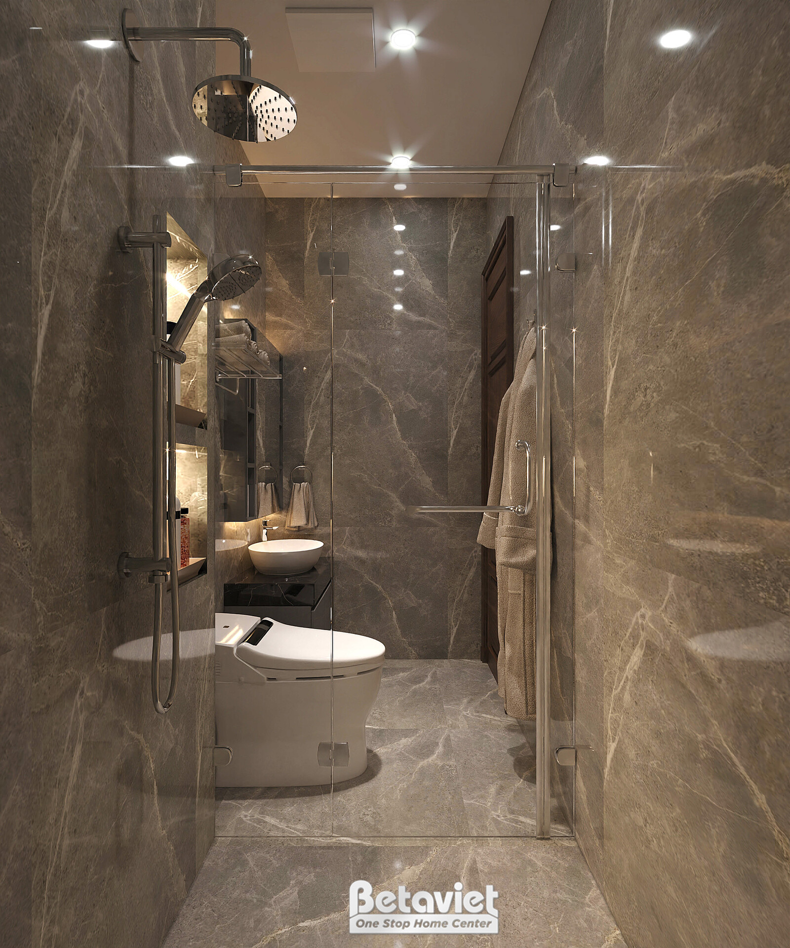 Phòng tắm ốp đá marble nâu vân hổ phách ấm áp, vòi sen cây tắm đứng vách kính. Bồn cầu và gương bố trí gọn, ánh đèn âm trầ…