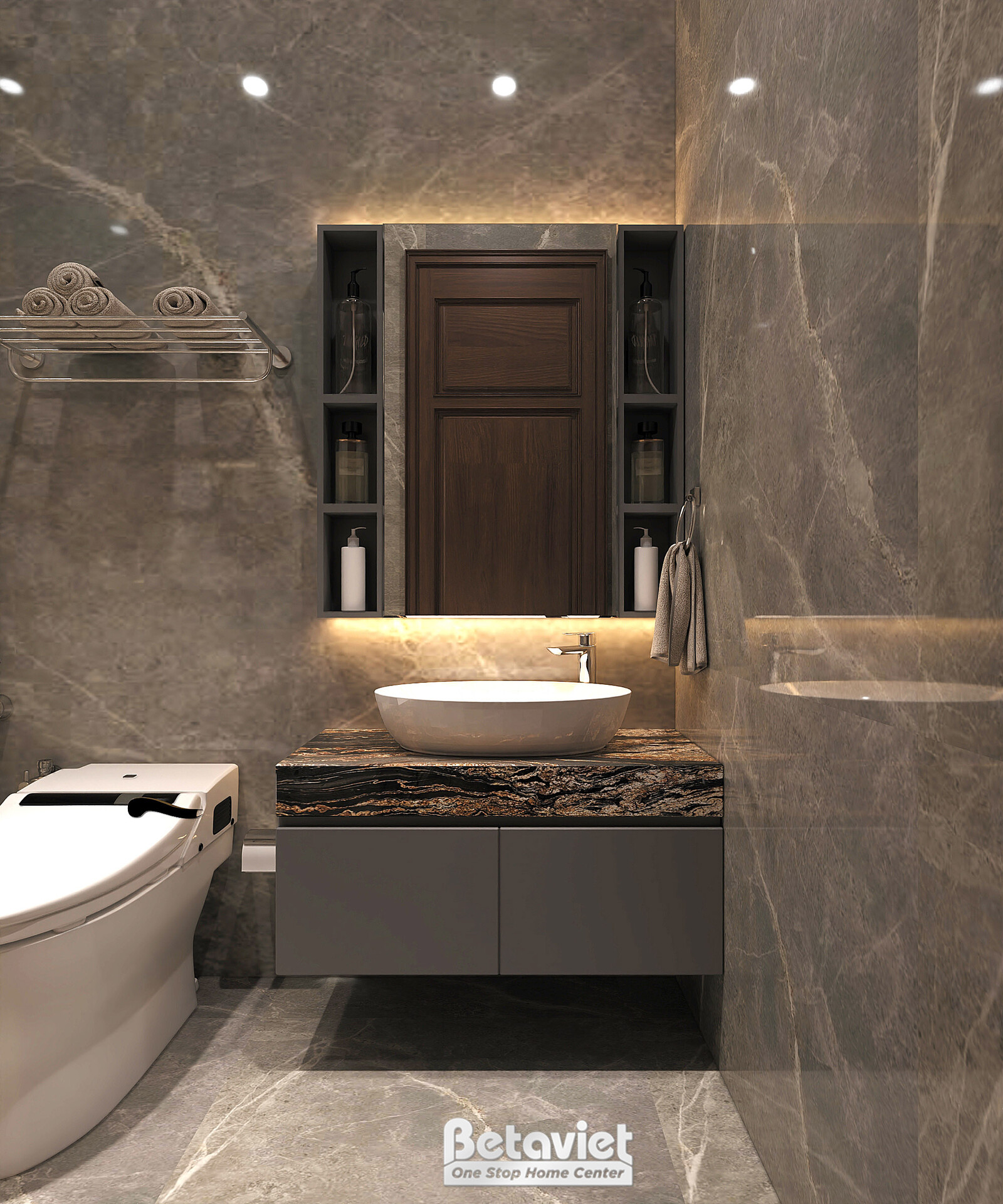 Góc khác khu lavabo phòng tắm, gương tủ gỗ, mặt đá đen bóng, chậu rửa tròn đặt nổi. Đá marble vân xám nâu bao trùm không g…
