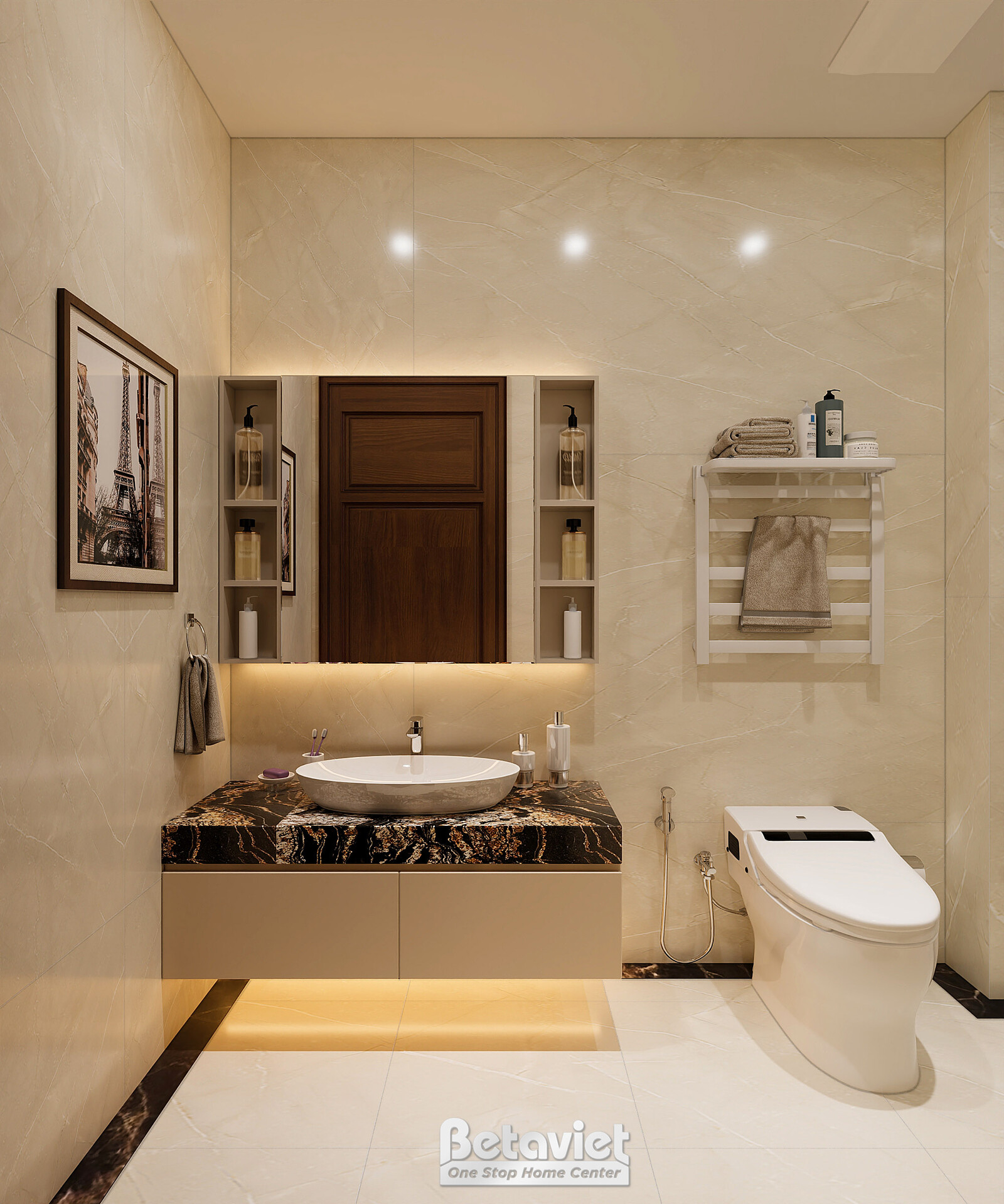 Phòng tắm với đá marble tông be vàng ấm, gương tủ gỗ nâu treo tranh nhỏ tháp Eiffel trang trí. Lavabo đặt bàn hình tròn, k…