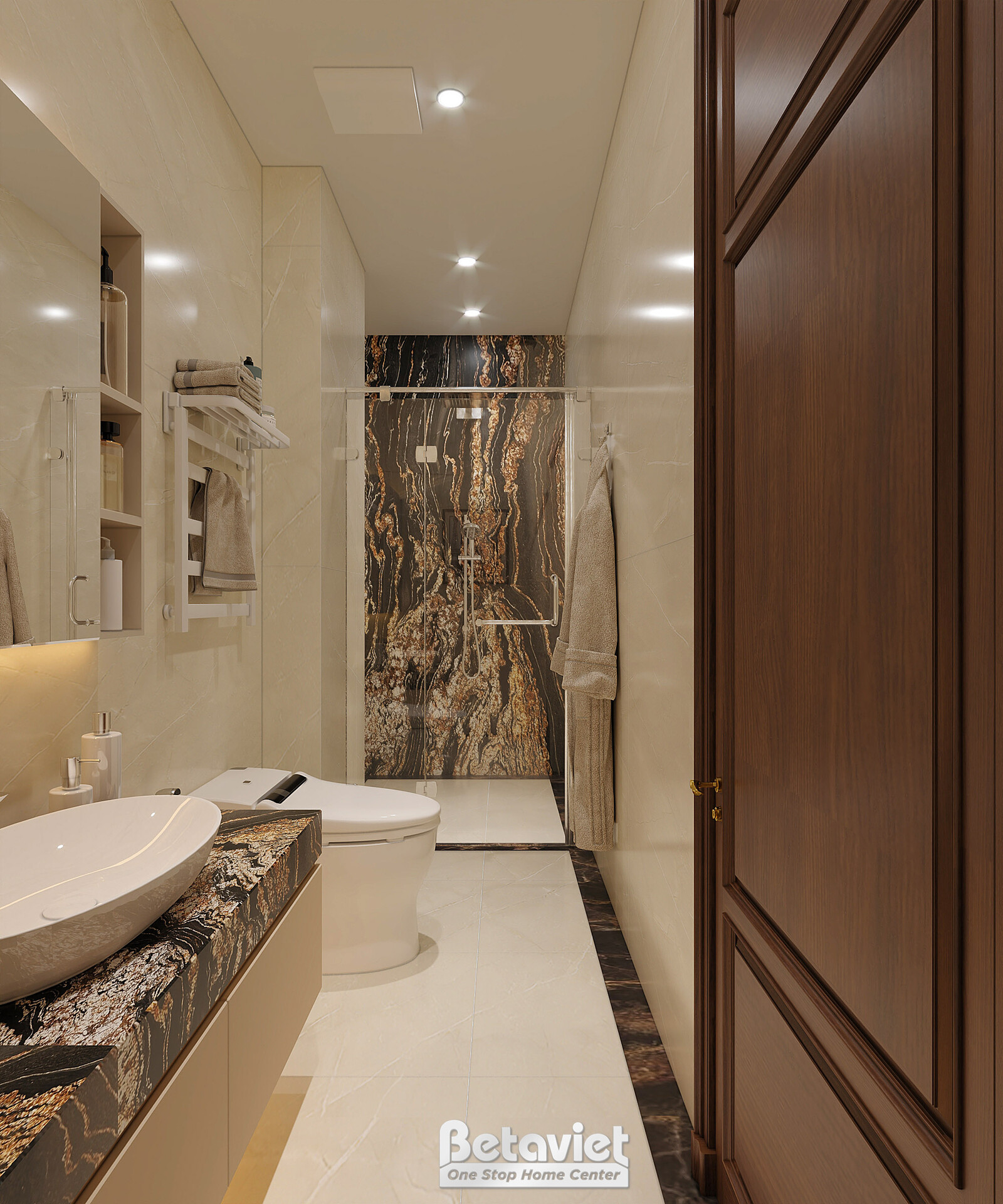 Phòng tắm nổi bật với mảng đá marble nâu vàng vân hổ phách như tác phẩm nghệ thuật, cửa gỗ nâu trầm. Lavabo đặt bàn đá, vá…