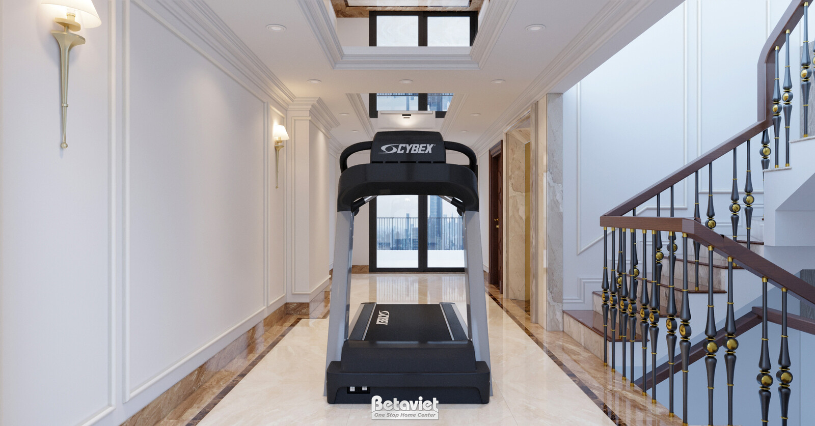 Phòng tập gym với máy chạy bộ hiệu Cybex đặt cạnh cầu thang tay vịn sắt uốn. Giếng trời phía trên đón ánh sáng tự nhiên, đ…