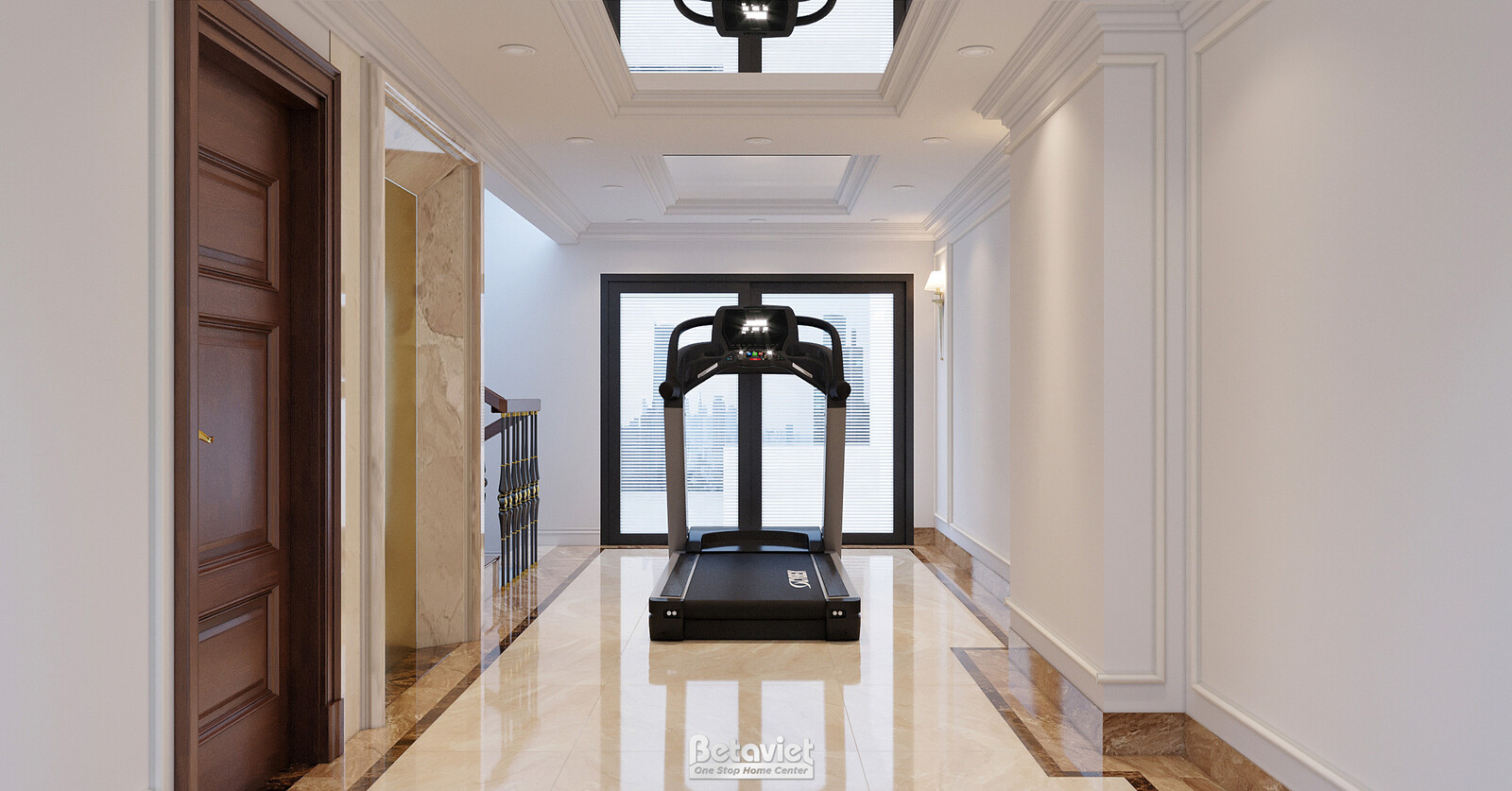 Hành lang dẫn vào phòng tập gym với cửa gỗ nâu, sàn đá bóng vàng nhạt, máy chạy bộ đặt giữa không gian. Giếng trời trần th…