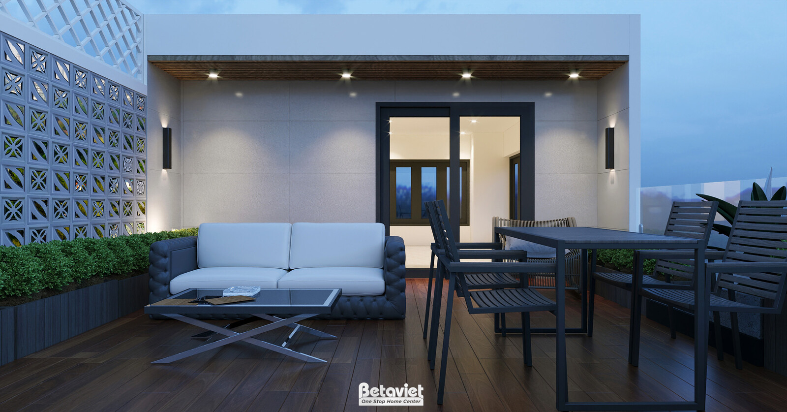 Sân chơi ngoài trời với sofa xám bọc vải chống nước, bàn ghế ăn ngoài trời khung sắt đen. Gạch bông gió trang trí tường, m…