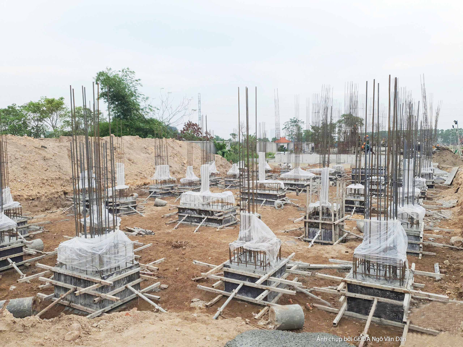 Cận cảnh các đài móng bê tông đã hoàn thiện, được che phủ bằng bạt trắng để bảo dưỡng. Hệ thép chờ vươn cao từ mỗi đài món…