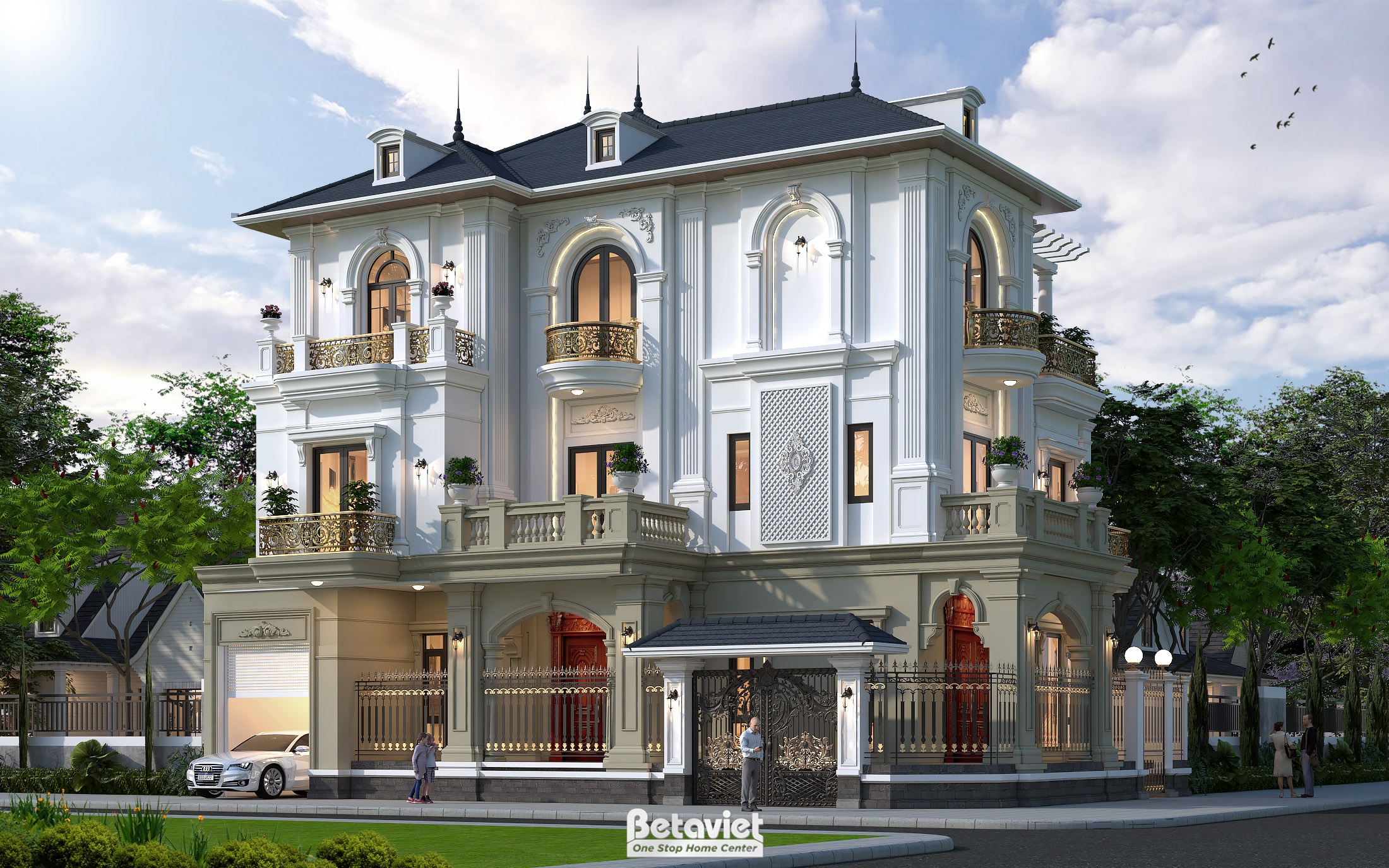 Mẫu mặt tiền biệt thự 3 tầng phong cách tân cổ điển 450m2 tại Hải Dương KT24738 Betaviet