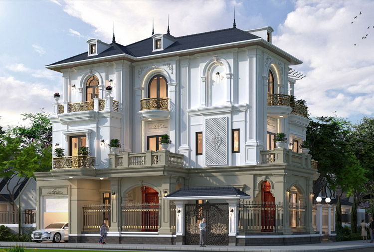 Phối cảnh KT24738 tại Hải Dương: biệt thự ba tầng 450 m², mái Mansard xanh đậm, cột pilaster trắng ngà, cửa sổ vòm cong