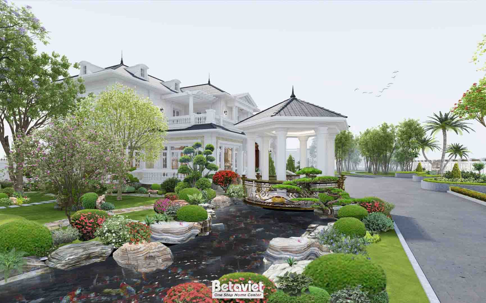 Lối vào chính biệt thự với nhà bát giác mái ngói, hồ nước kết hợp thác đá nhỏ chảy tràn qua các phiến đá xếp lớp, hai bên…