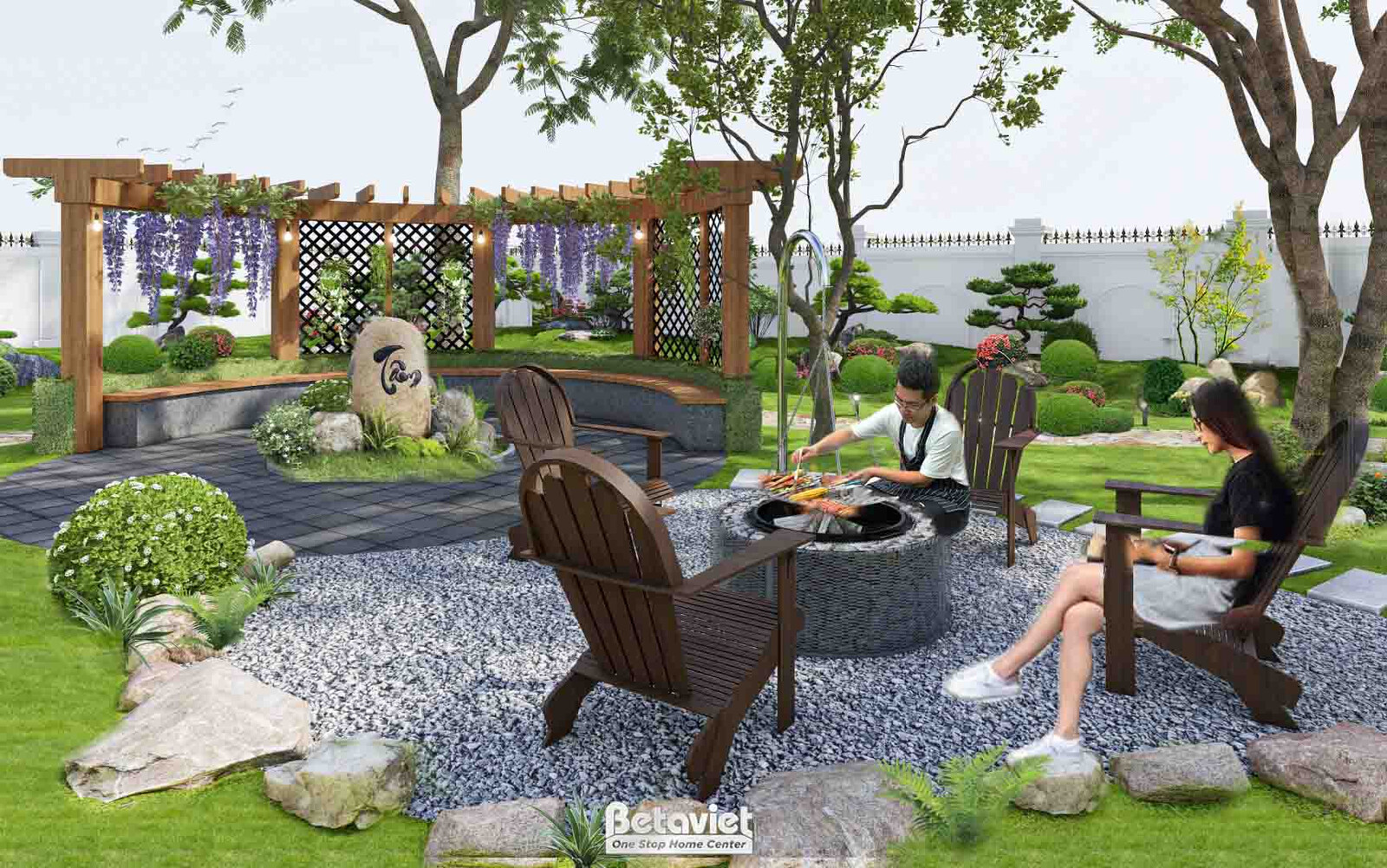 Góc thư giãn ngoài trời dưới giàn gỗ phủ hoa tử đằng tím, nền sỏi trắng rải đều, bếp lửa trại bằng kim loại ở trung tâm, g…