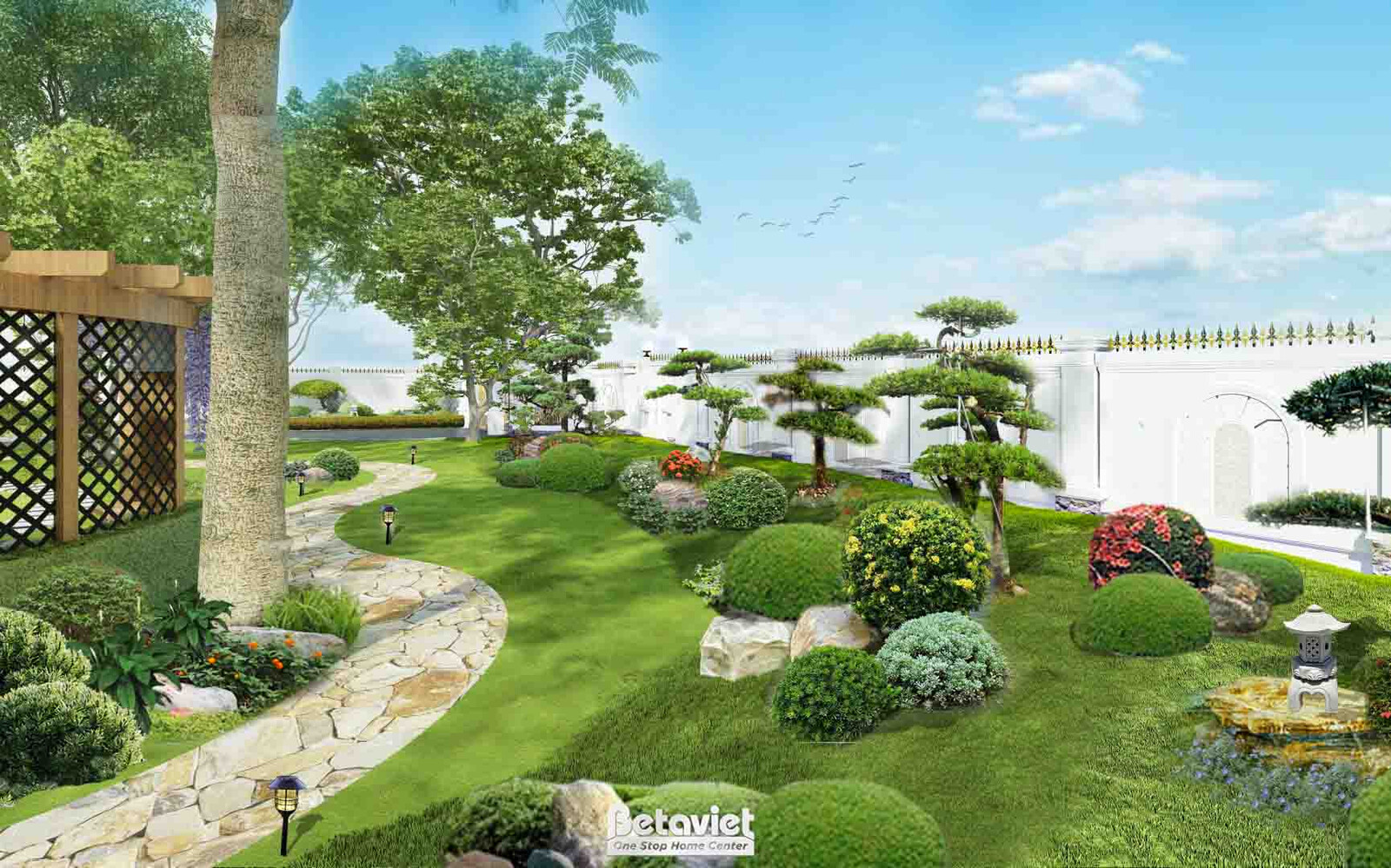 Khoảng sân vườn rộng với đường dạo đá cuội uốn lượn giữa thảm cỏ, đèn đá kiểu Nhật đặt cạnh bụi hoa nhiều màu, mái pergola…