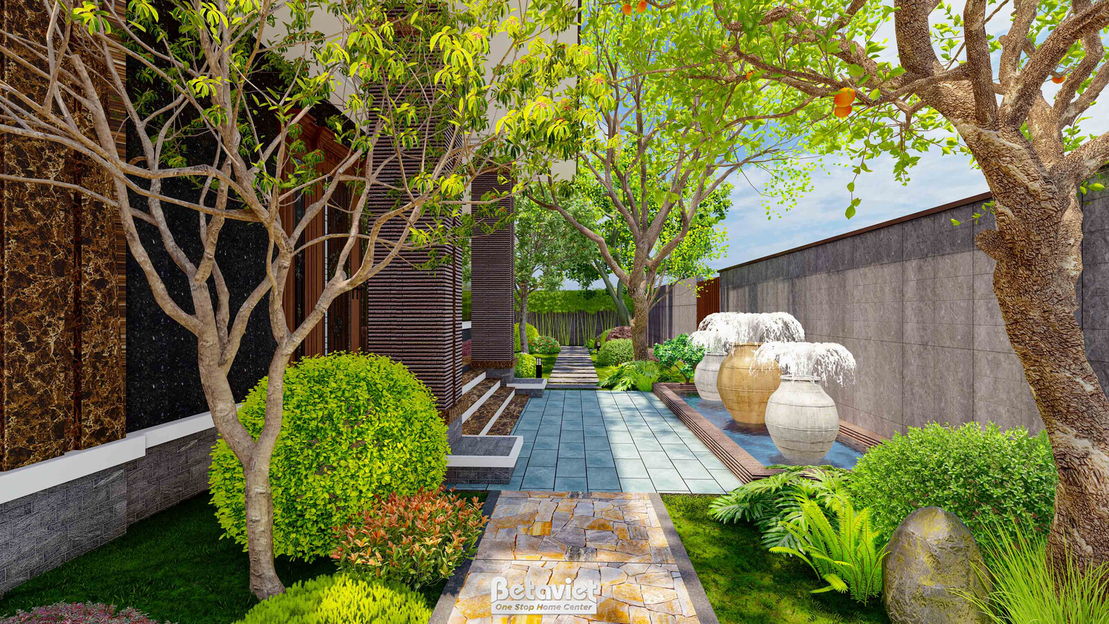 Lối đi lát đá xanh dẫn tới tiểu cảnh chum gốm trắng làm đài phun nước mini, cây cổ thụ rợp bóng phía trên, tường rào bê tô…