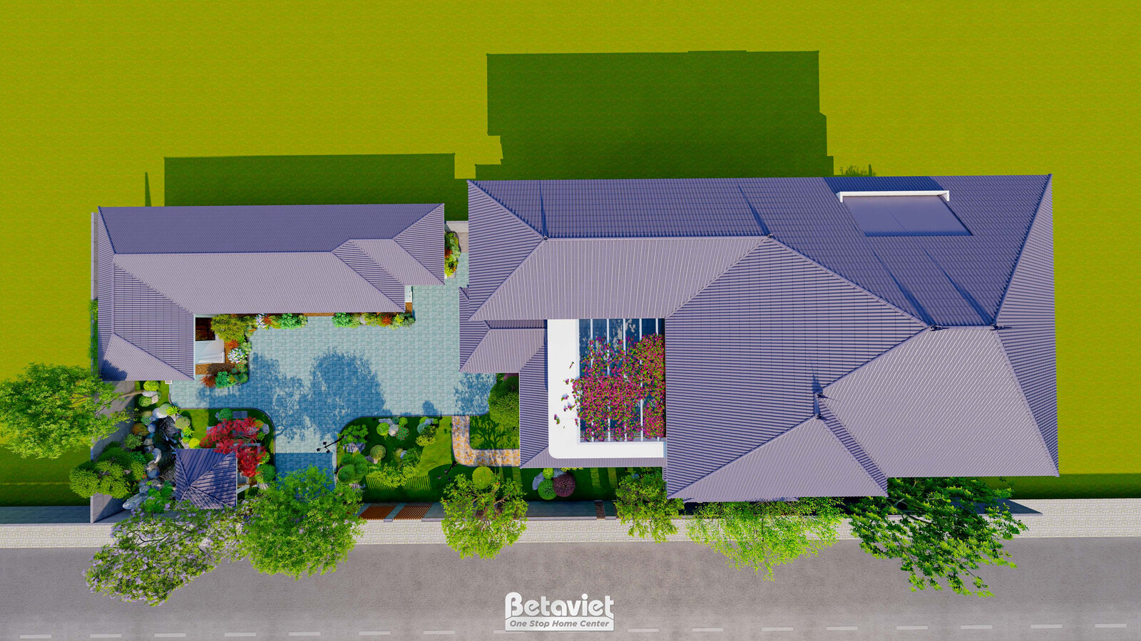 Phối cảnh 3D dạng khung wireframe thể hiện bố cục mái nhà kiểu Nhật, sân vườn và hồ bơi phía trước, dùng kiểm tra hình khố…