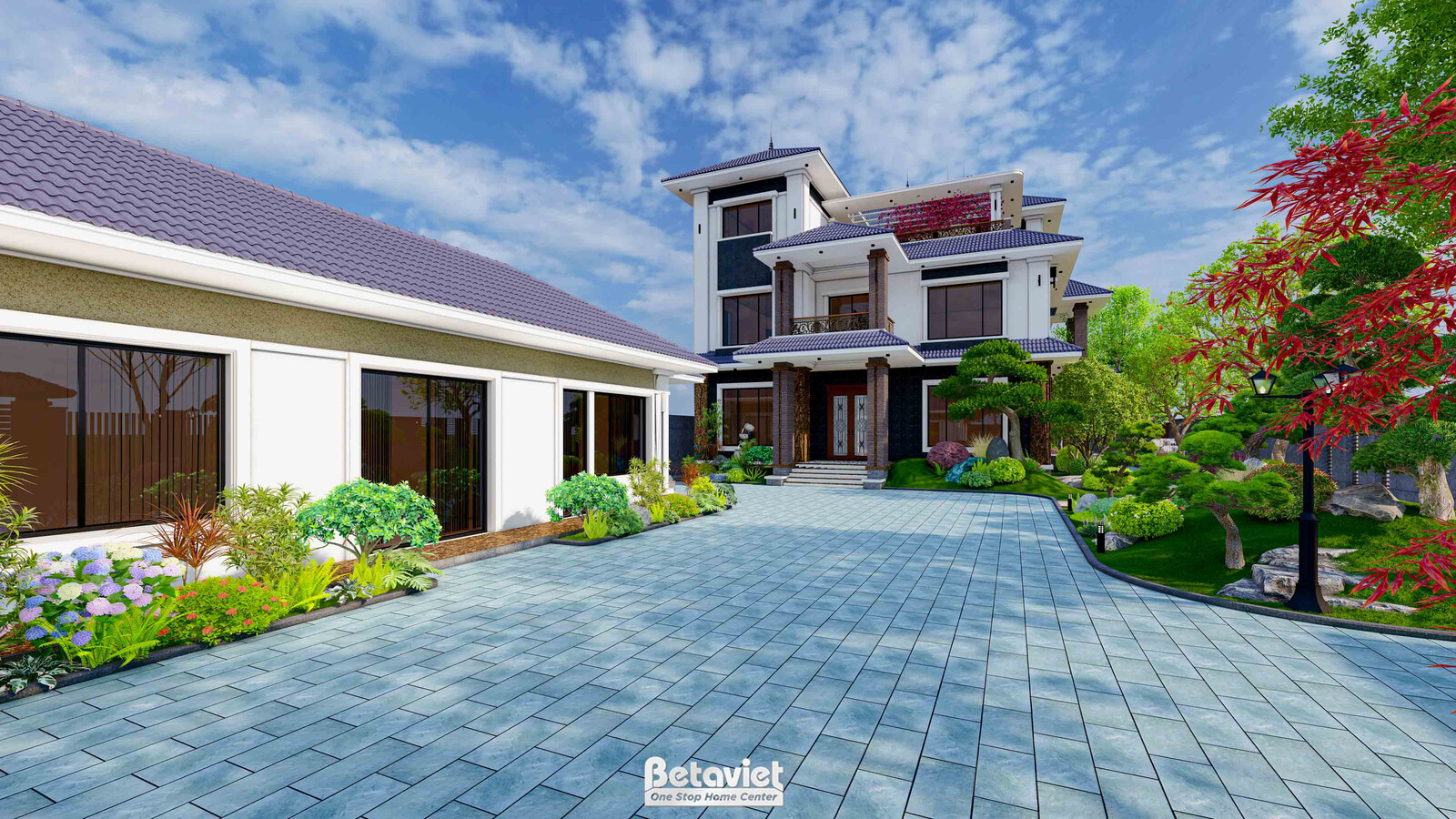 Góc nhìn sân trước biệt thự hai tầng mái Nhật, sân lát đá xanh rộng, cây phong đỏ và cây cổ thụ tán lớn, tường rào xám bao…