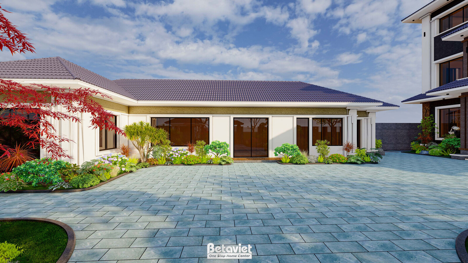 Mặt tiền biệt thự mái Nhật một tầng, sân lát đá xanh, bụi cây xanh và cây phong đỏ viền tường rào, bầu trời nhiều mây tạo…
