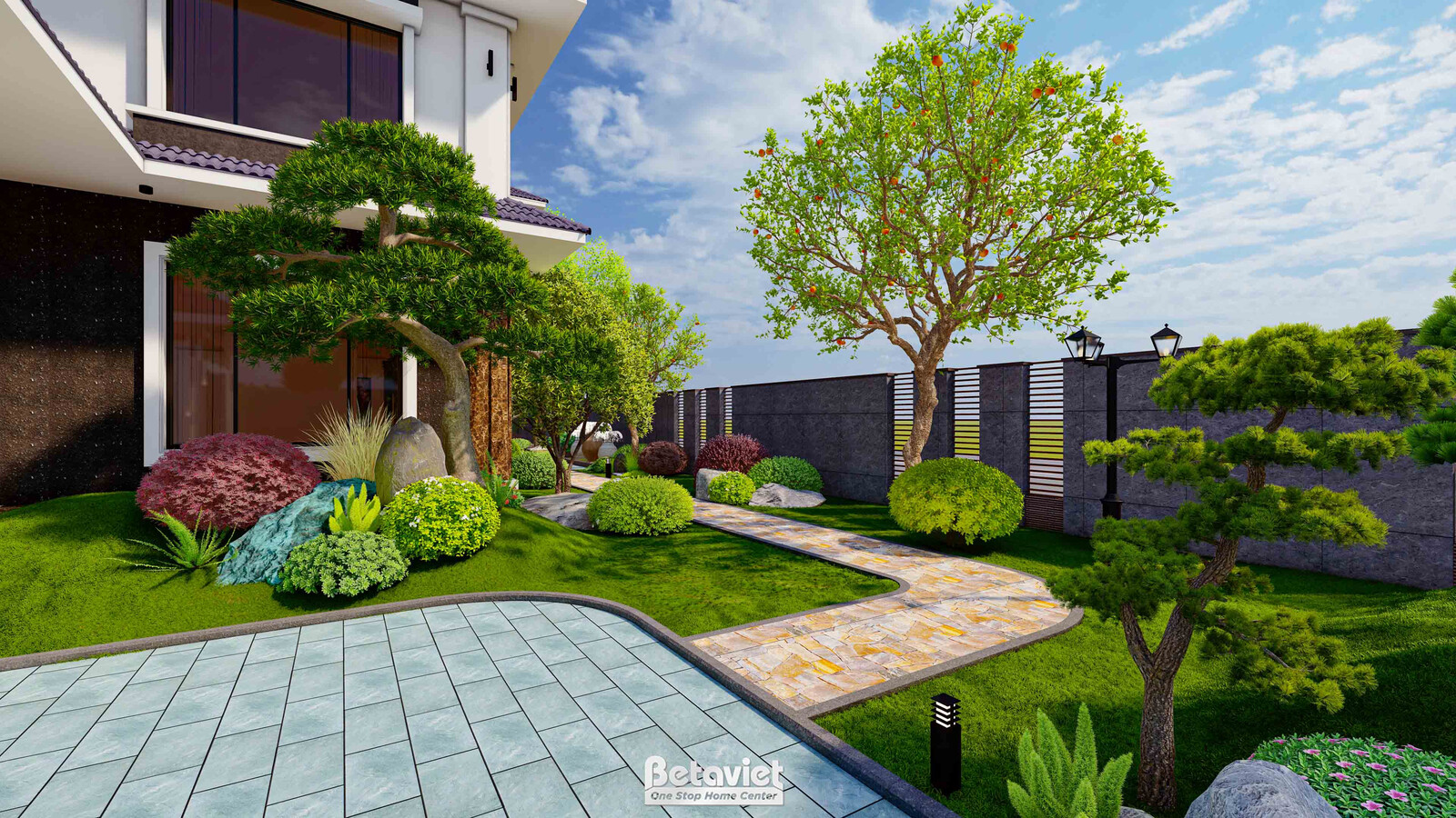 Lối đi cong lát đá xanh dẫn vào nhà, cây thông dáng thế cắt tỉa nghệ thuật, đá cảnh và bụi cây phong đỏ điểm xuyết, tường…