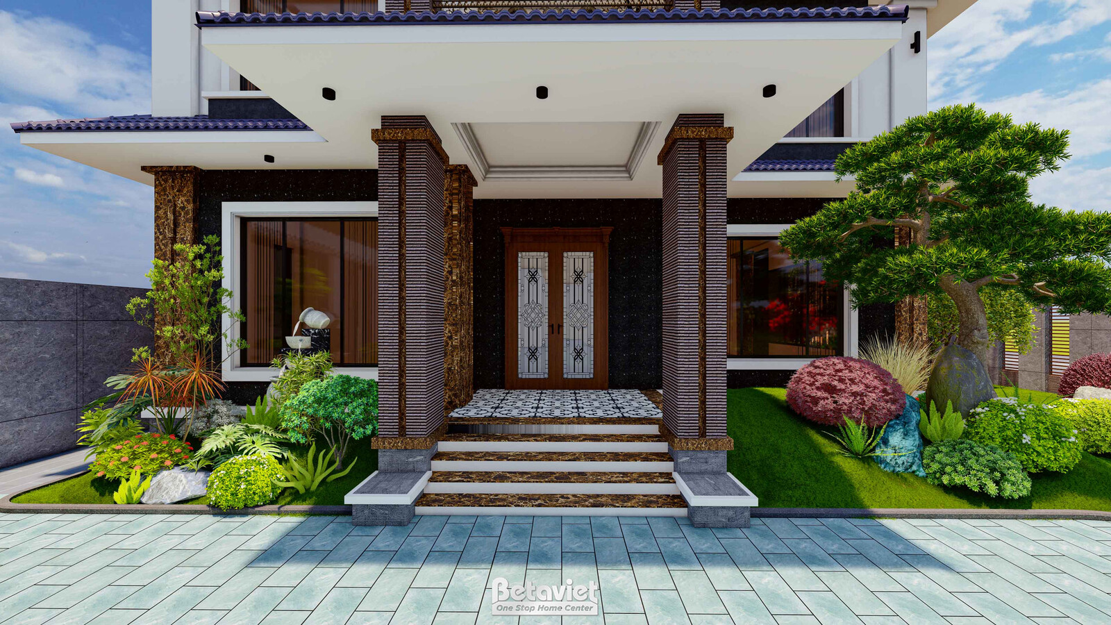 Lối vào chính biệt thự mái Nhật, cột ốp gỗ nâu vân dọc, bậc thềm đá, chậu cây và đá cảnh hai bên cửa, mái hiên rộng tạo đi…